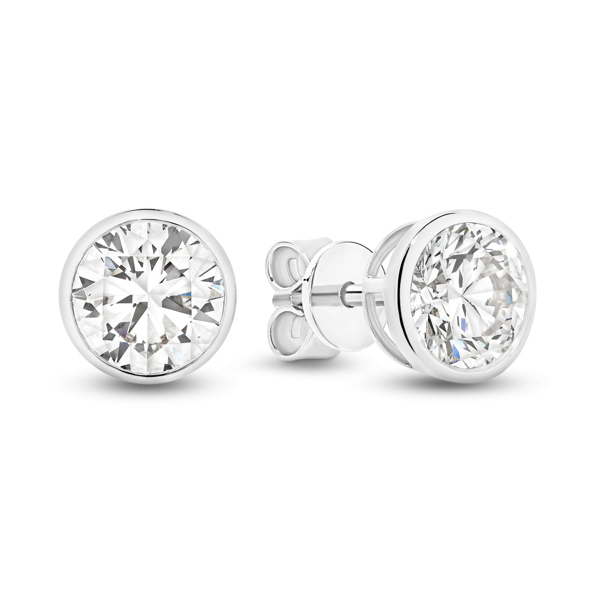 Round Bezel Stud Earrings Lab Diamond in 9ct white gold featuring F/VS lab diamonds, total weight 1.9ct.