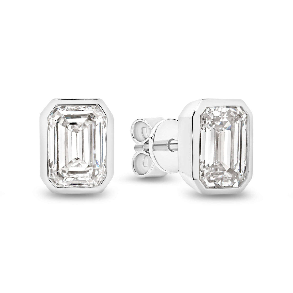 Emerald Bezel Stud Earrings Lab Diamond in 9ct white gold with brilliant F/VS lab diamonds