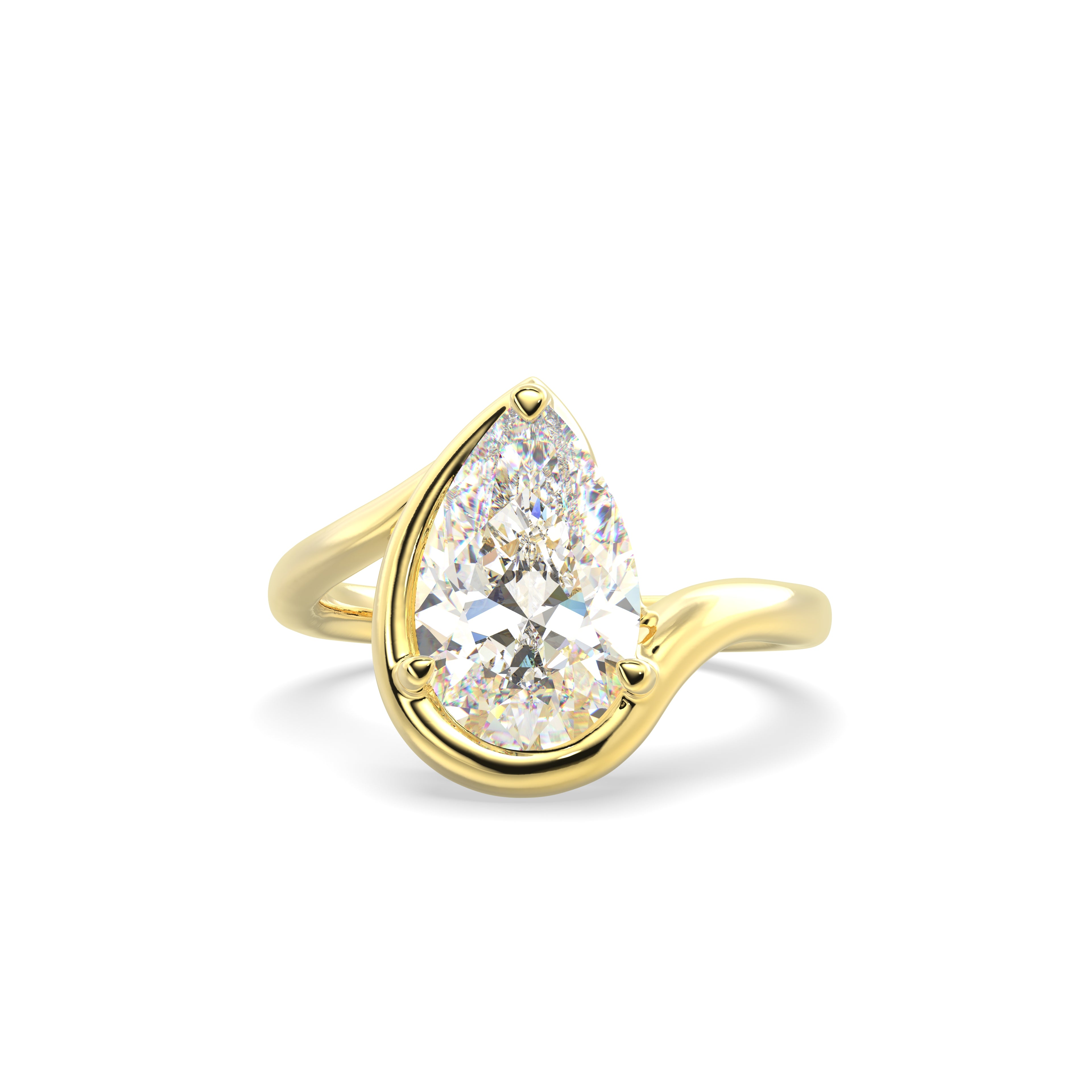 Gold ring with a pear-shaped diamond on a white background
