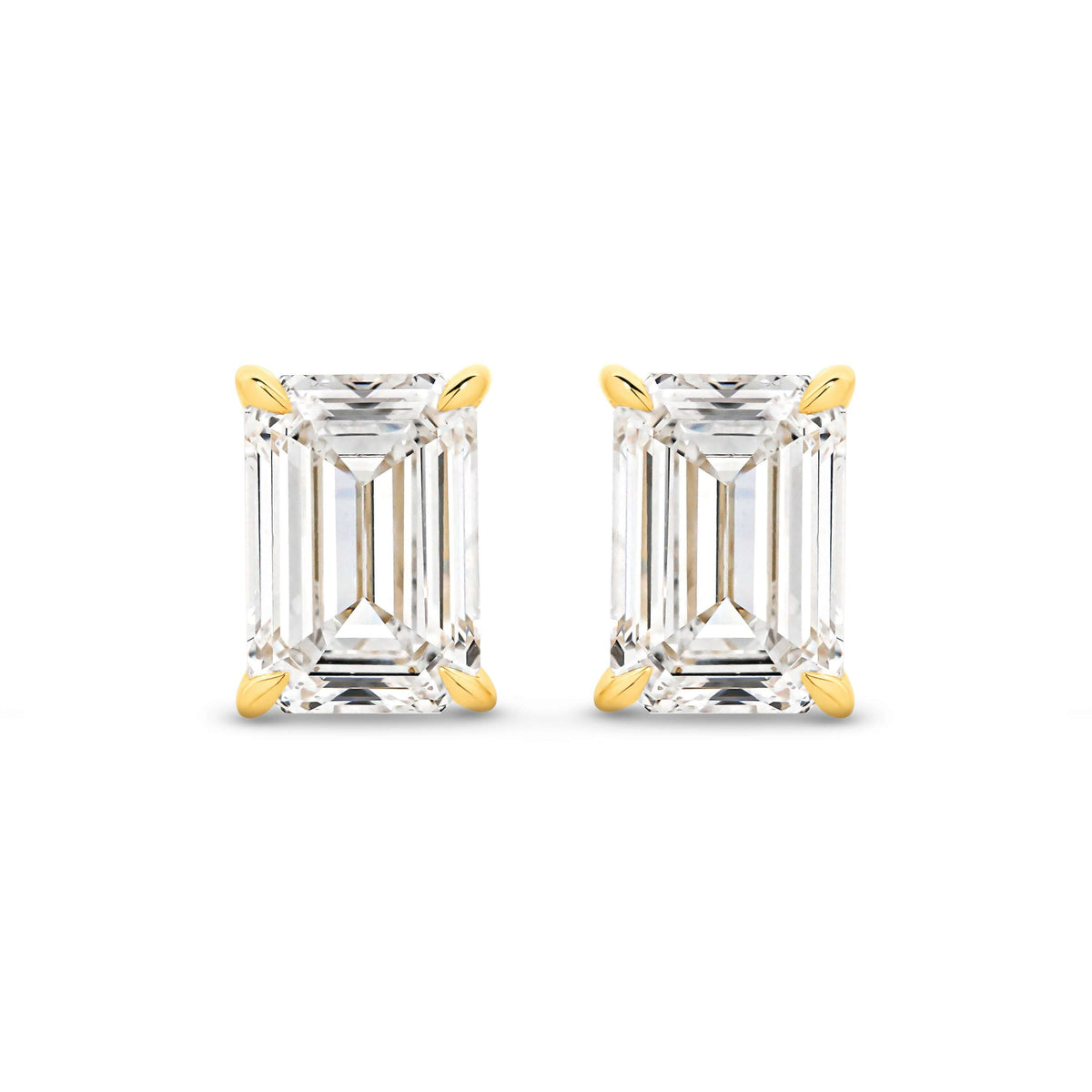 Emerald Stud Earrings Lab Diamond featuring elegant emerald cut lab diamonds in gold setting.
