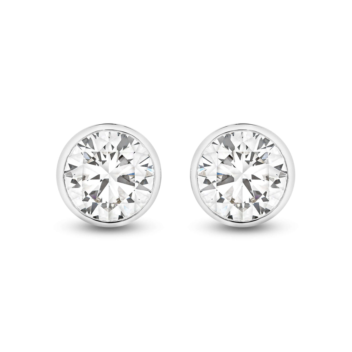 Round Bezel Stud Earrings Lab Diamond in 9ct white gold with F/VS diamonds totaling 1.9ct.