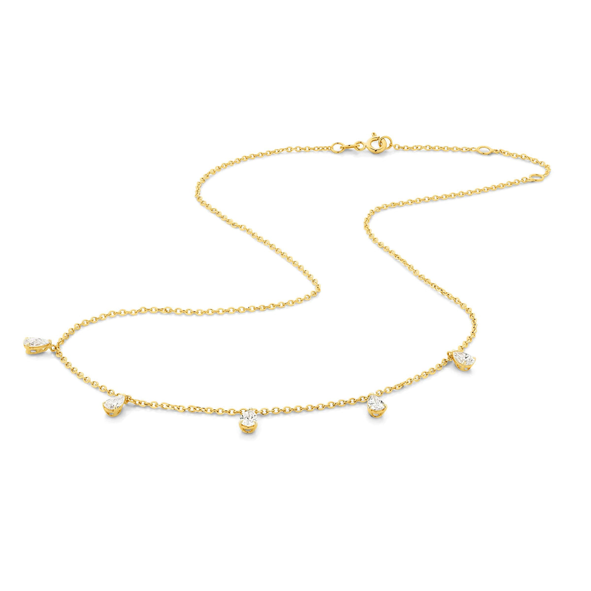 Hanging Pear Diamond Station Necklace 1.4ct Lab Diamond in 18ct yellow gold with F/VS diamonds.