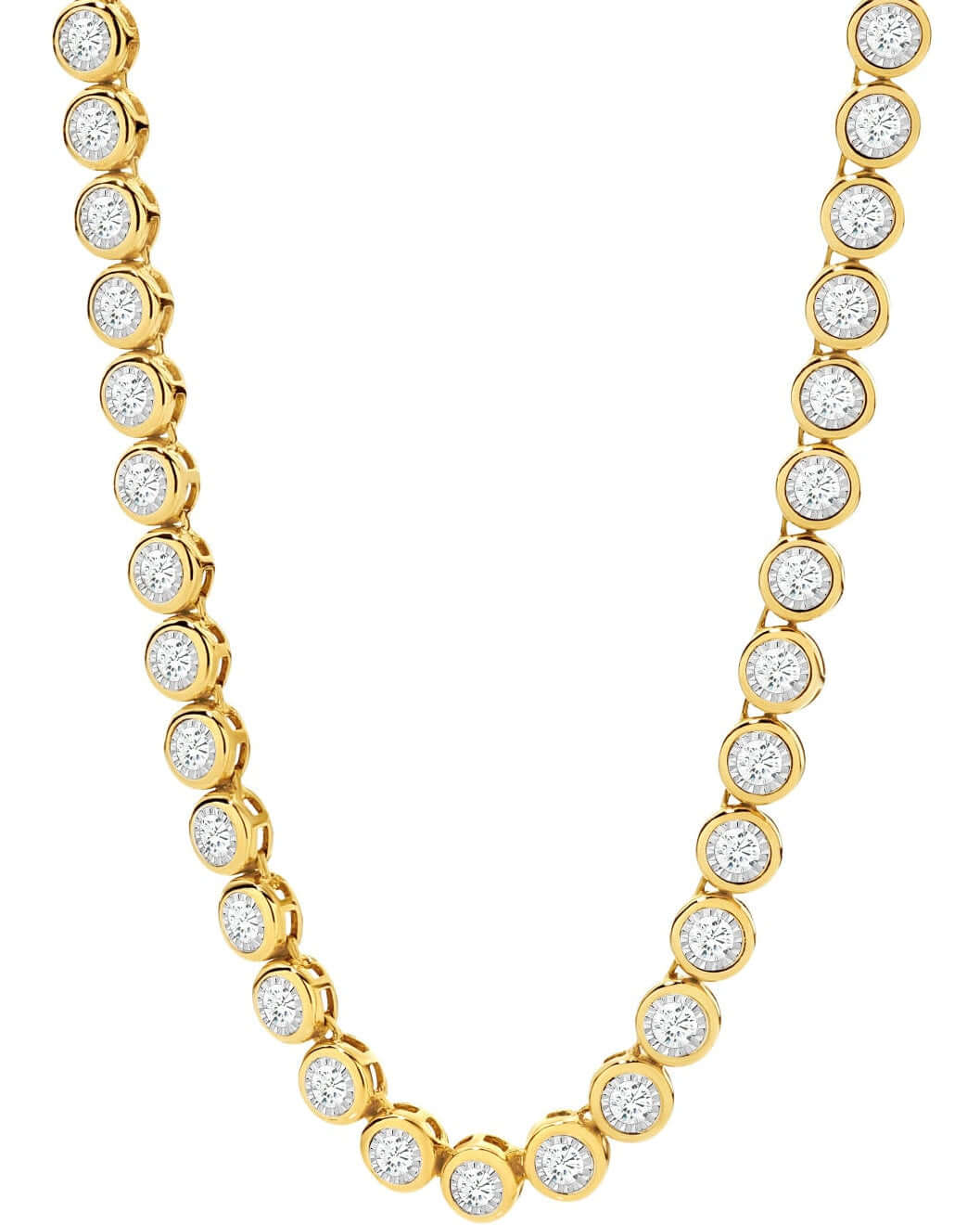 Yellow Gold Natural Diamond Tennis Necklace featuring round brilliant cut diamonds bezel set in 9ct gold.