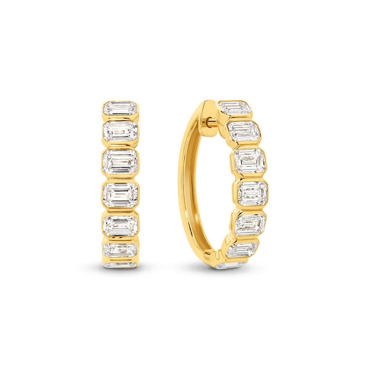 Emerald Bezel Hoop Earrings Lab Diamond set in yellow gold with sparkling lab diamonds.