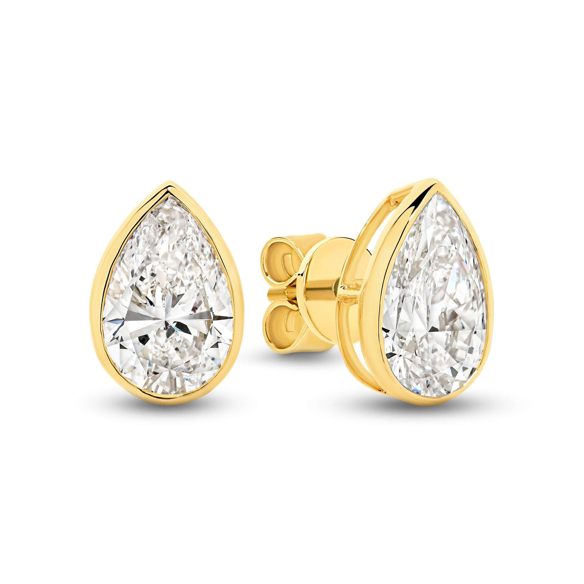 Pear Bezel Stud Earrings Lab Diamond set in 9ct yellow gold featuring brilliant F/VS lab diamonds.