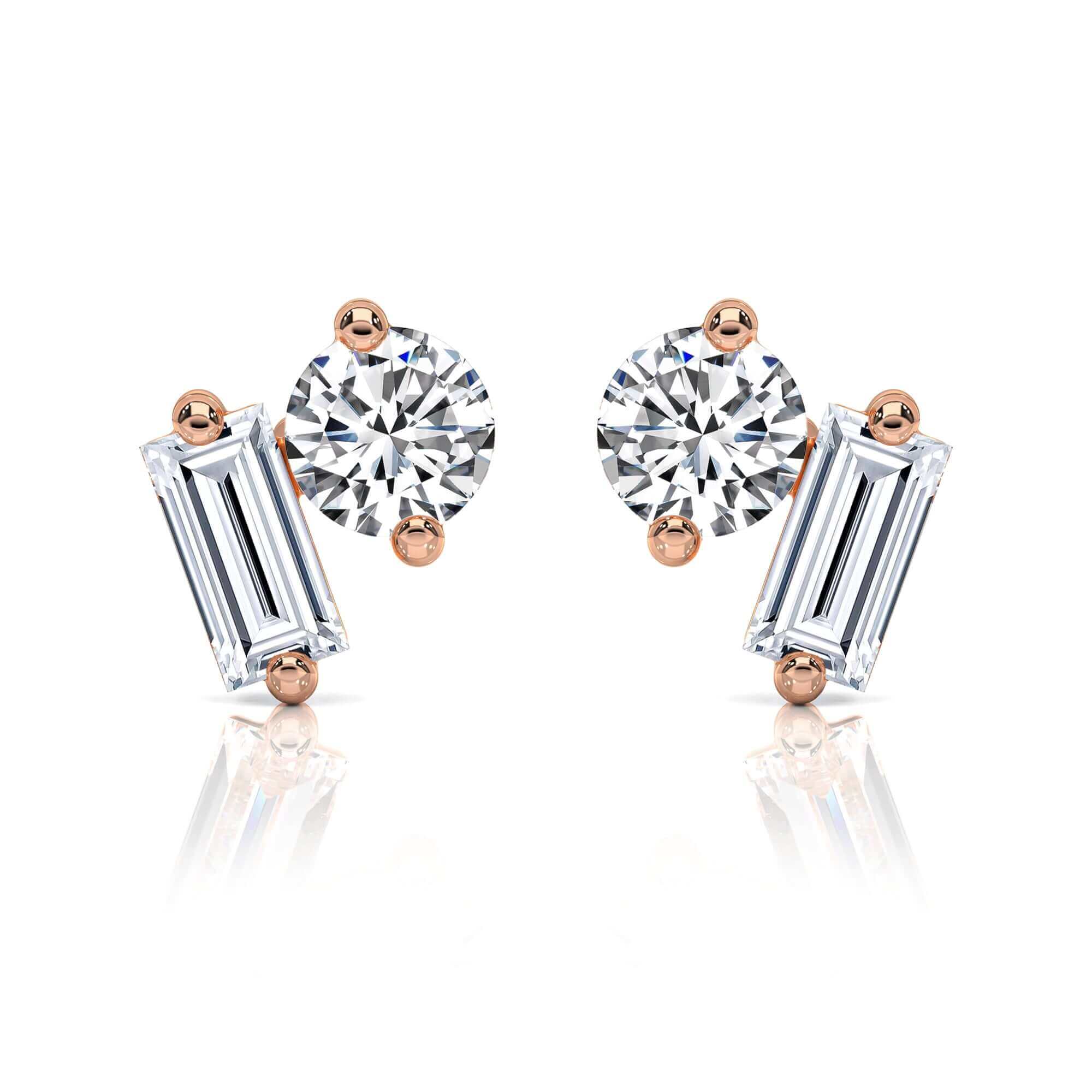 Round Brilliant & Baguette Diamond Studs Earrings