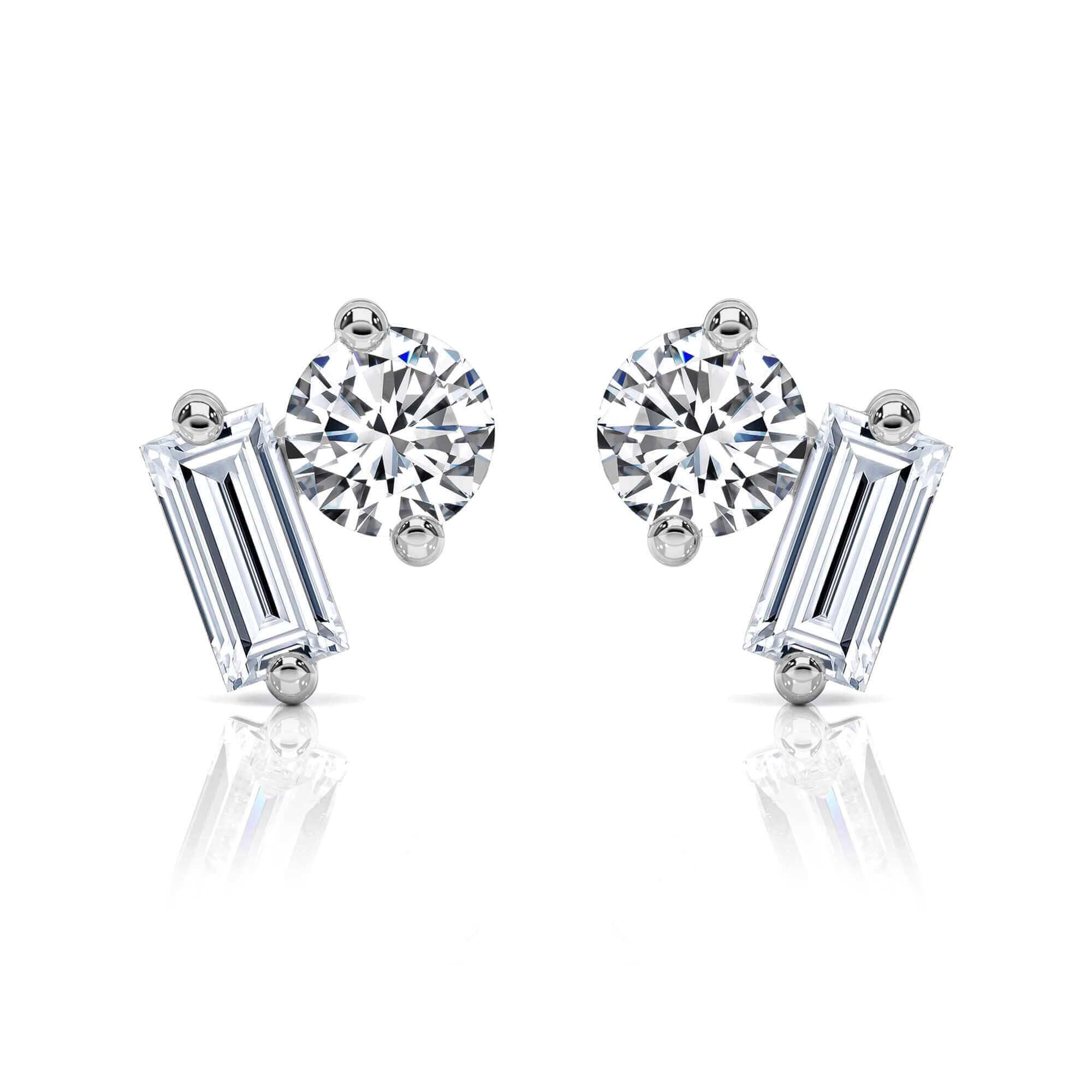 Round Brilliant & Baguette Diamond Studs Earrings
