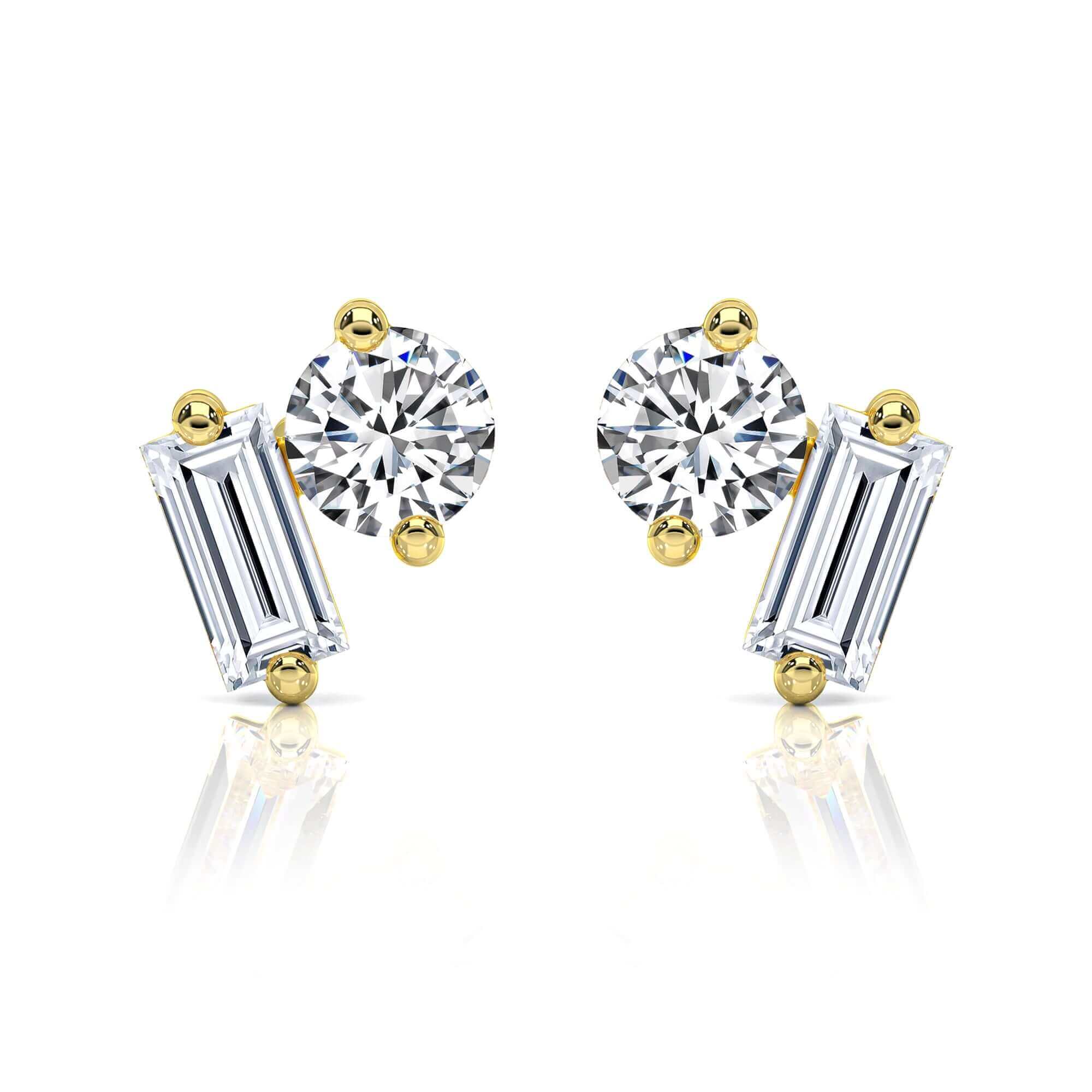 Round Brilliant & Baguette Diamond Studs Earrings