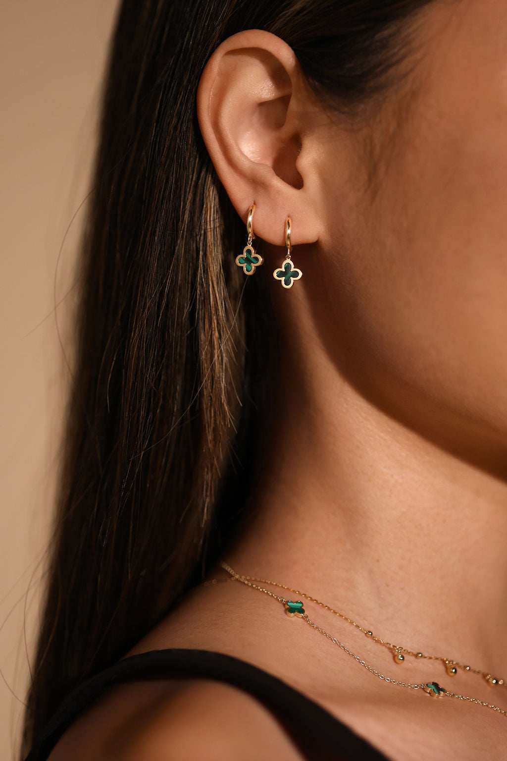 Malachite Clover Huggie Drop Earrings