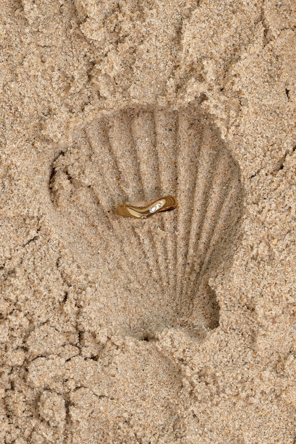 Gold ring on a shell impression in sand