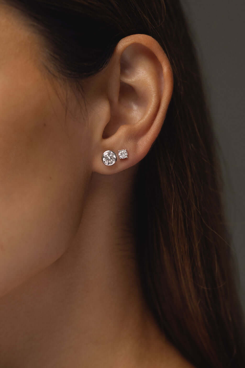 Stud Earrings Lab Diamond in 18ct white gold featuring F/VS lab diamonds, elegantly displayed on a model.