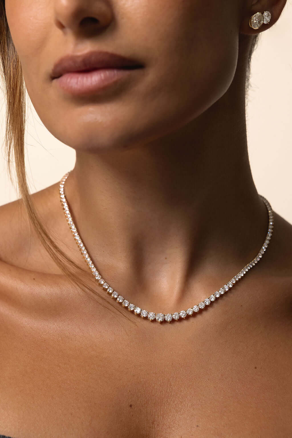 Graduated Riviera Diamond Necklace 14.6ct Lab Diamond worn elegantly, showcasing F/VS diamonds in 18ct yellow gold.