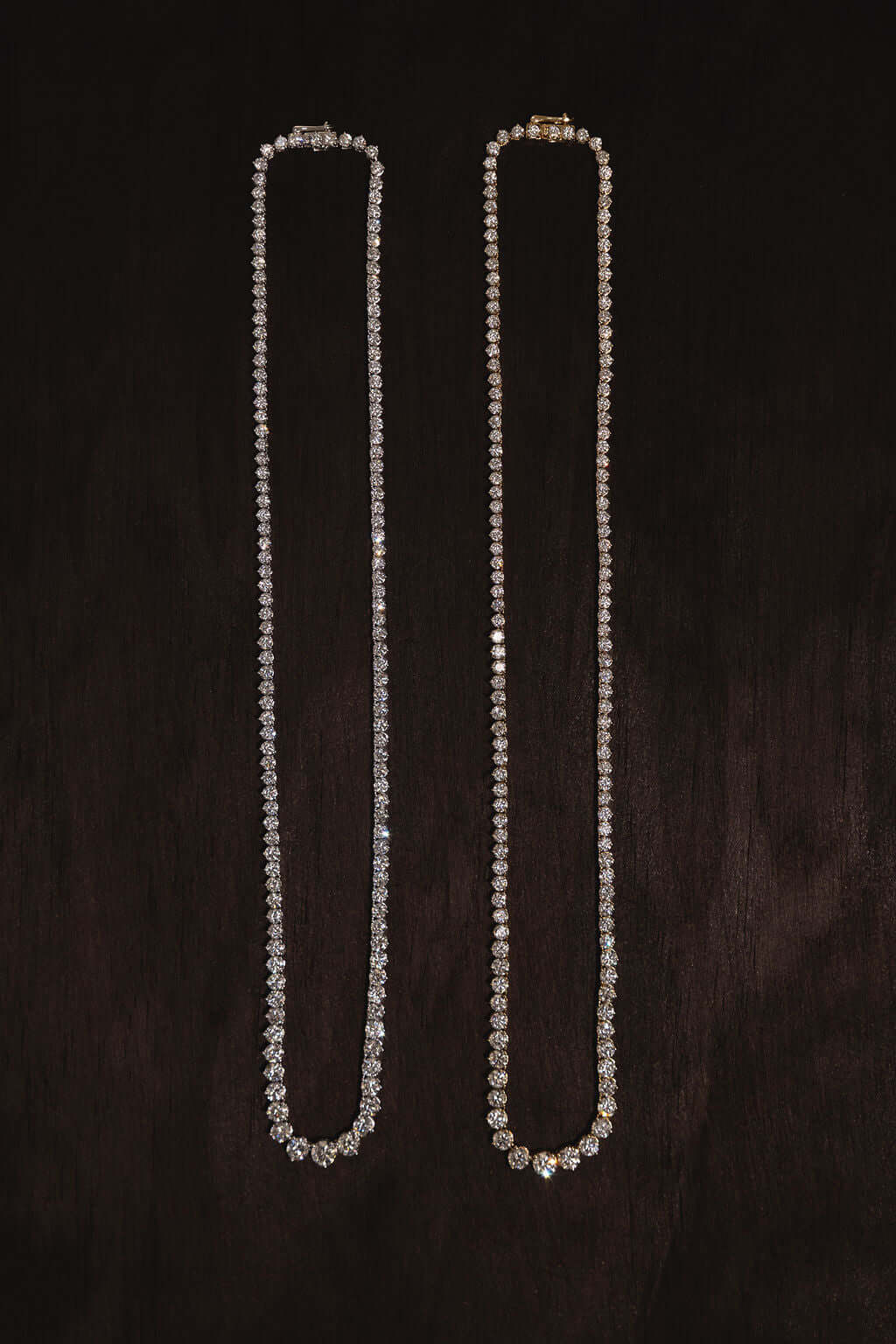 Graduated Riviera Diamond Necklace 14.6ct Lab Diamond, showcasing two elegant diamond necklaces on a dark background.