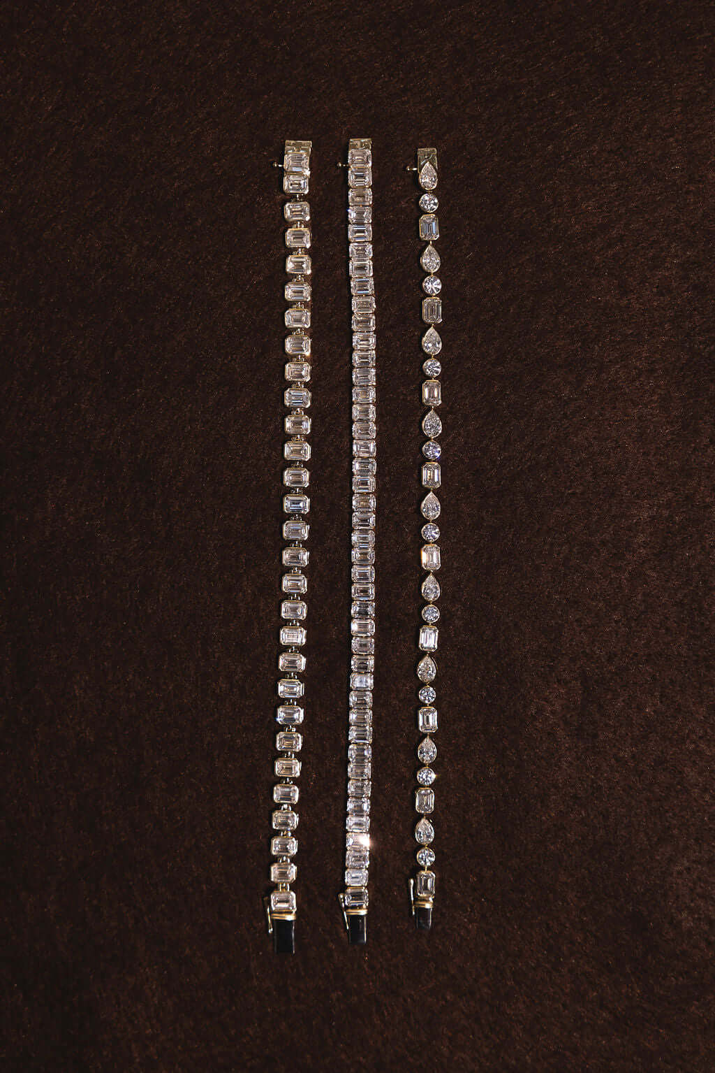 Mixed Shape Bezel Tennis Bracelet 10.3ct Lab Diamond in various shapes and sizes on a dark background.