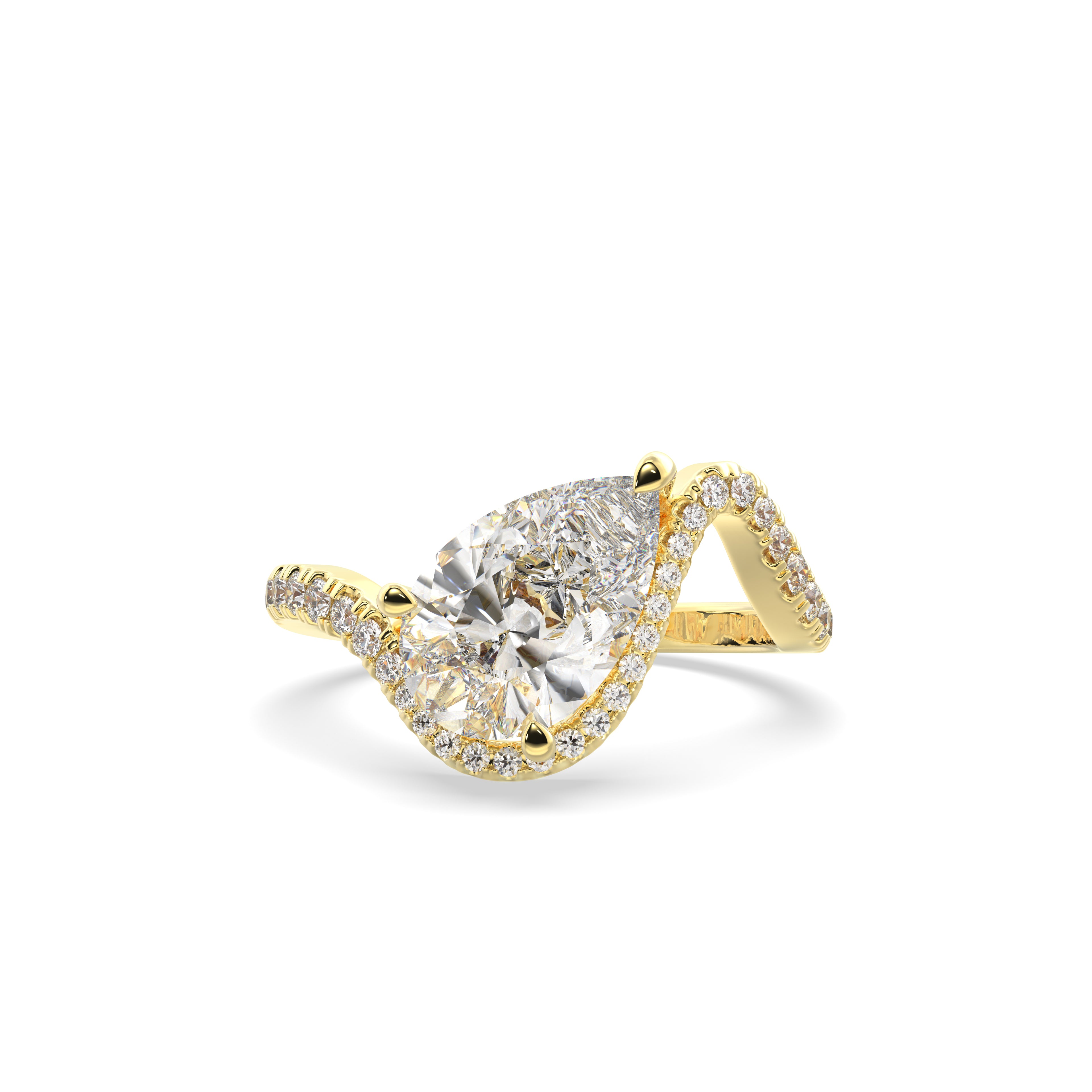 Gold ring with a large diamond and smaller diamonds on a white background