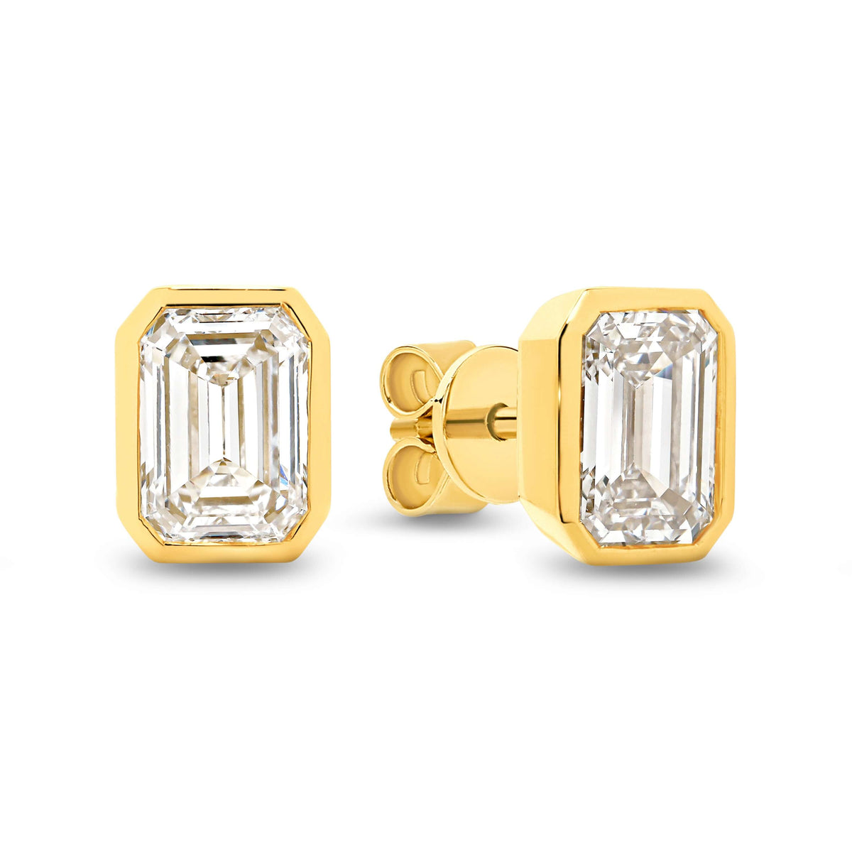 Emerald Bezel Stud Earrings Lab Diamond set in 9ct yellow gold featuring F/VS lab diamonds totalling 2ct.