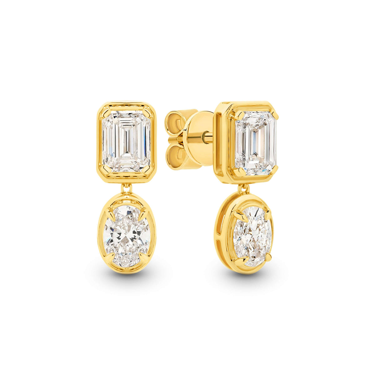 Emerald and Oval Bezel Stud Earrings Lab Diamond in 9ct yellow gold with F/VS lab diamonds.