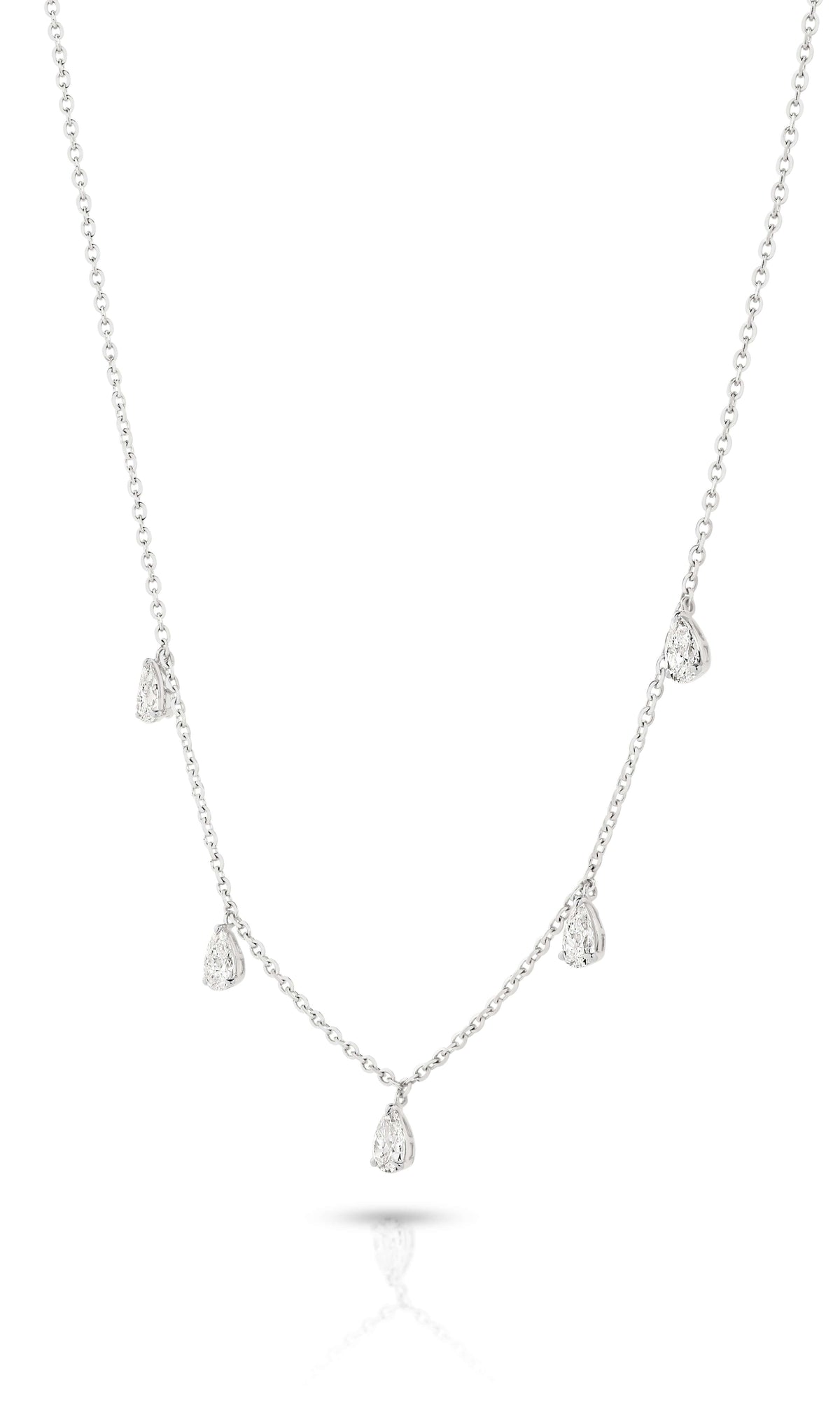 Hanging Pear Diamond Station Necklace 1.4ct Lab Diamond in 18ct white gold with pear-shaped diamonds.