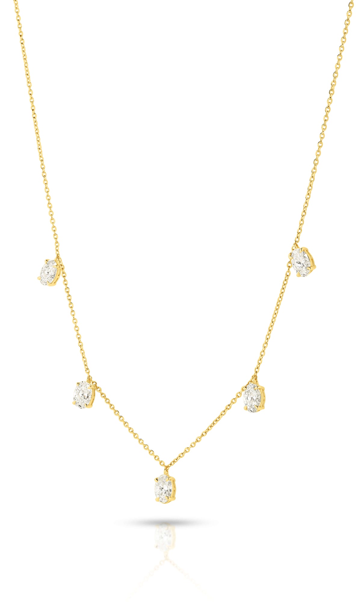 Hanging Oval Diamond Station Necklace 1.6ct Lab Diamond in 18ct yellow gold with F/VS diamonds.