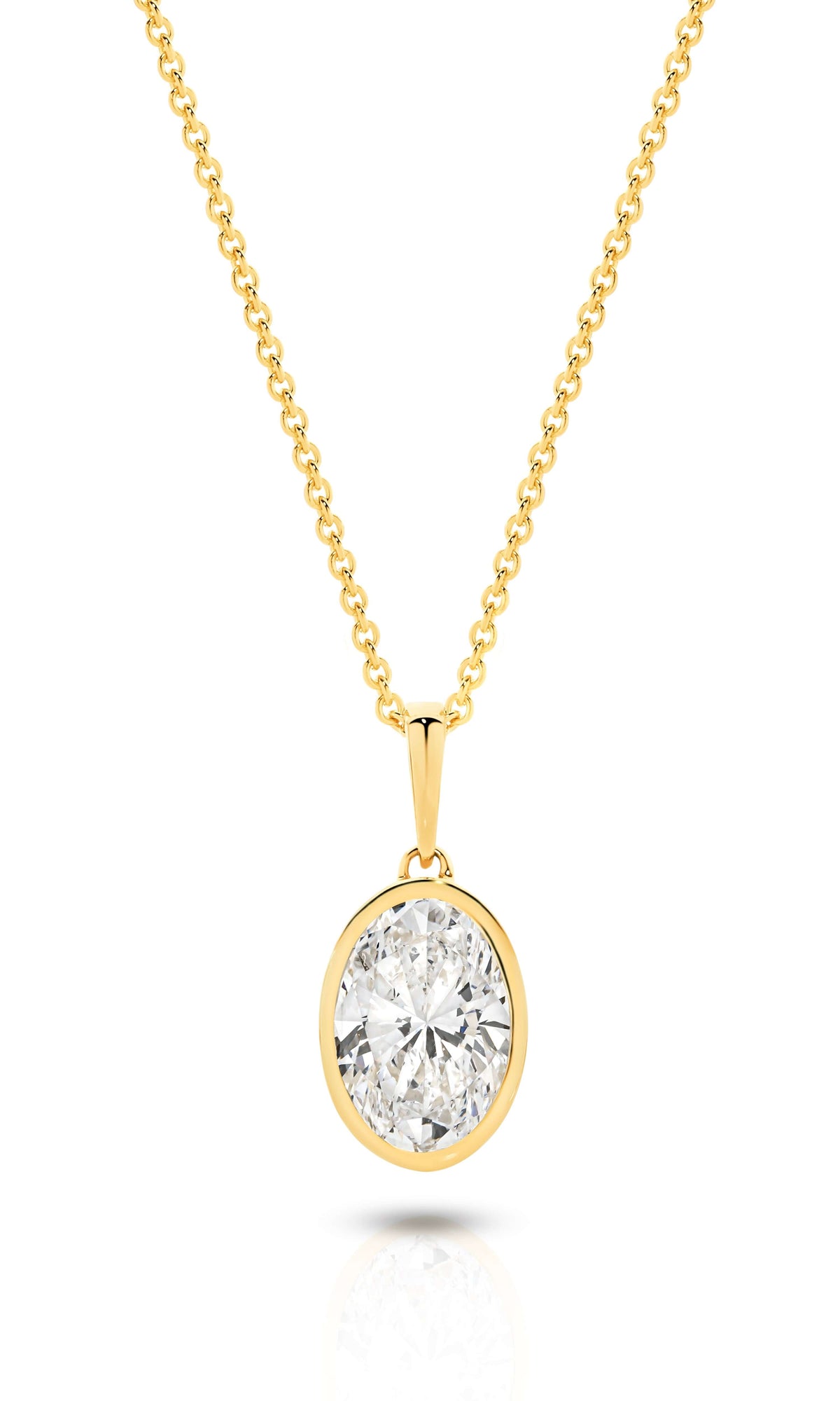 1ct Oval Lab Diamond Bezel Pendant in yellow gold with a sparkling diamond.