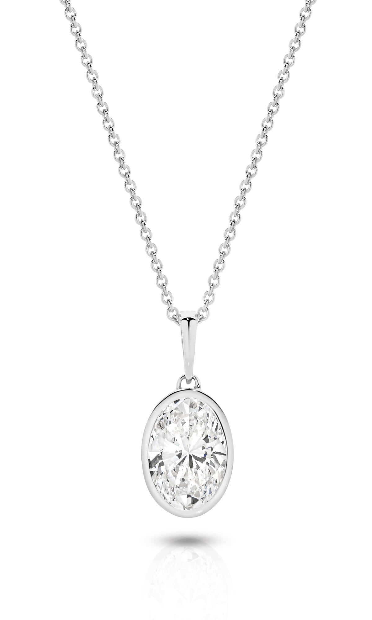 1ct Oval Lab Diamond Bezel Pendant in white gold with a stunning oval lab diamond