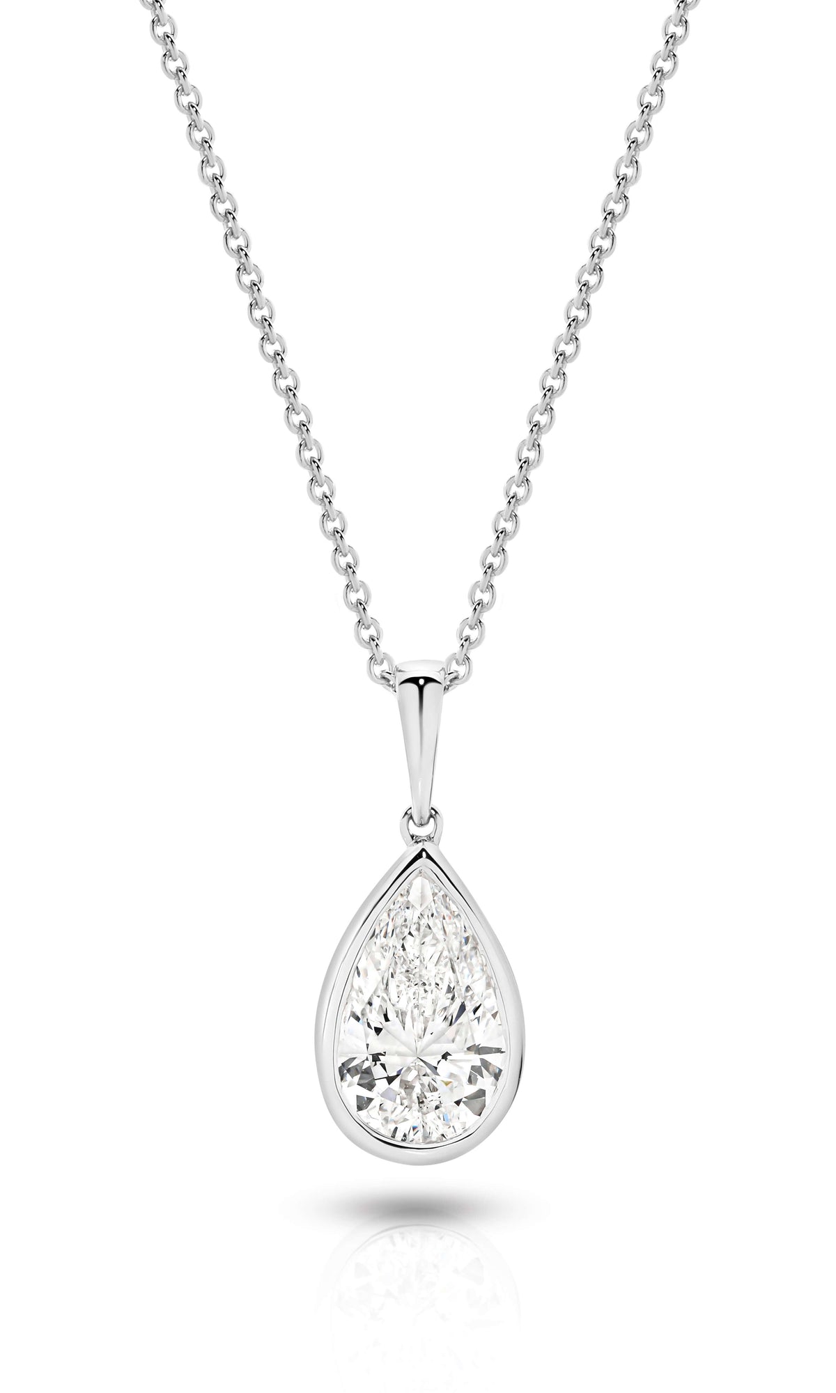 1ct Pear Lab Diamond Bezel Pendant in 9ct white gold, featuring an F/VS diamond.