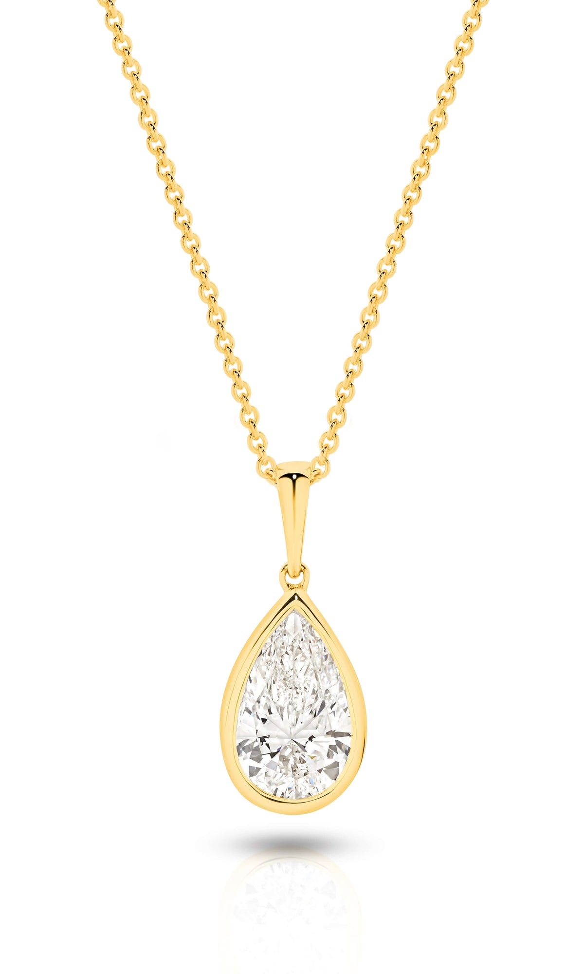 1ct Pear Lab Diamond Bezel Pendant in 9ct yellow gold with sparkling pear-shaped diamond.