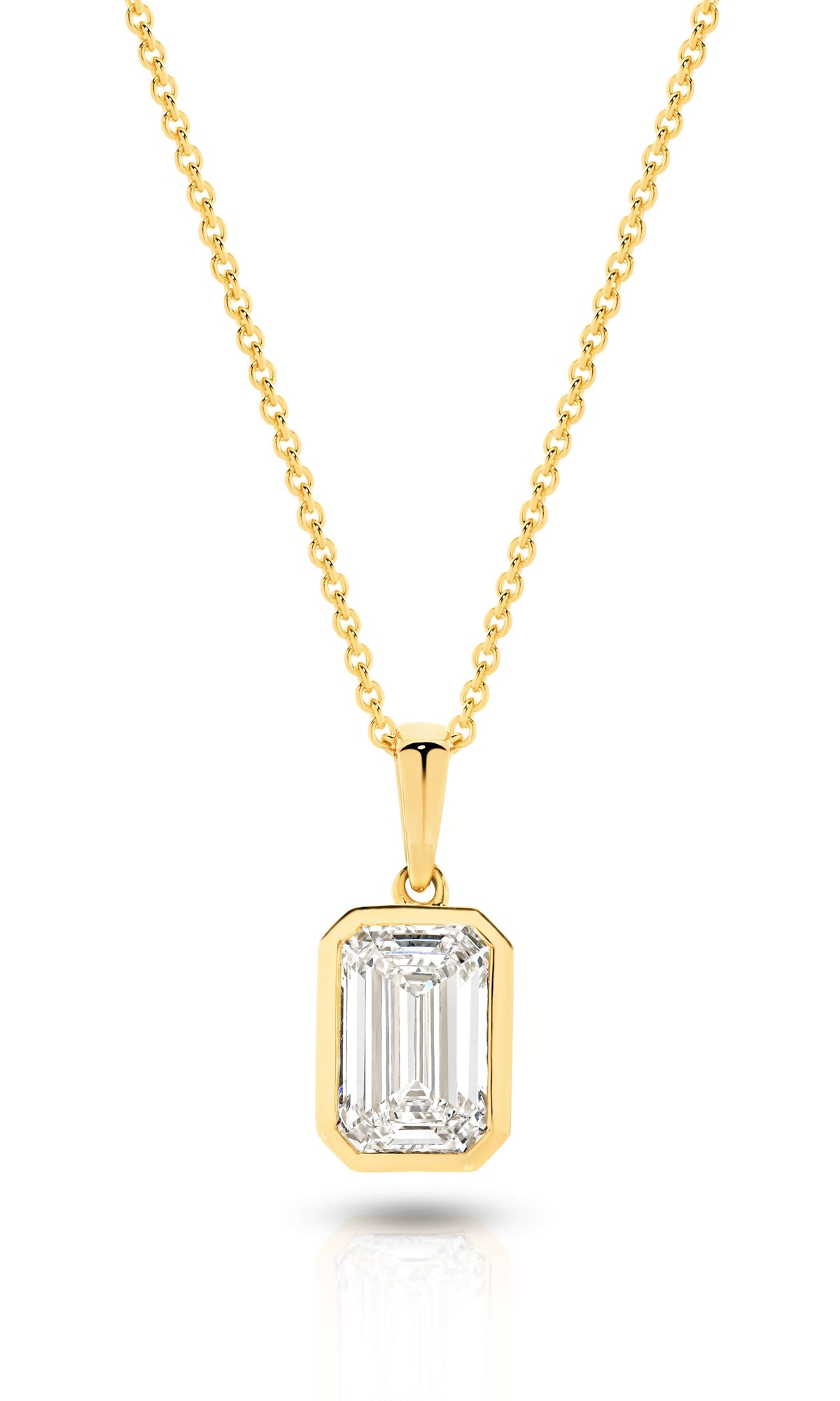 1ct Emerald Lab Diamond Bezel Pendant in 9ct yellow gold, featuring an elegant diamond design.