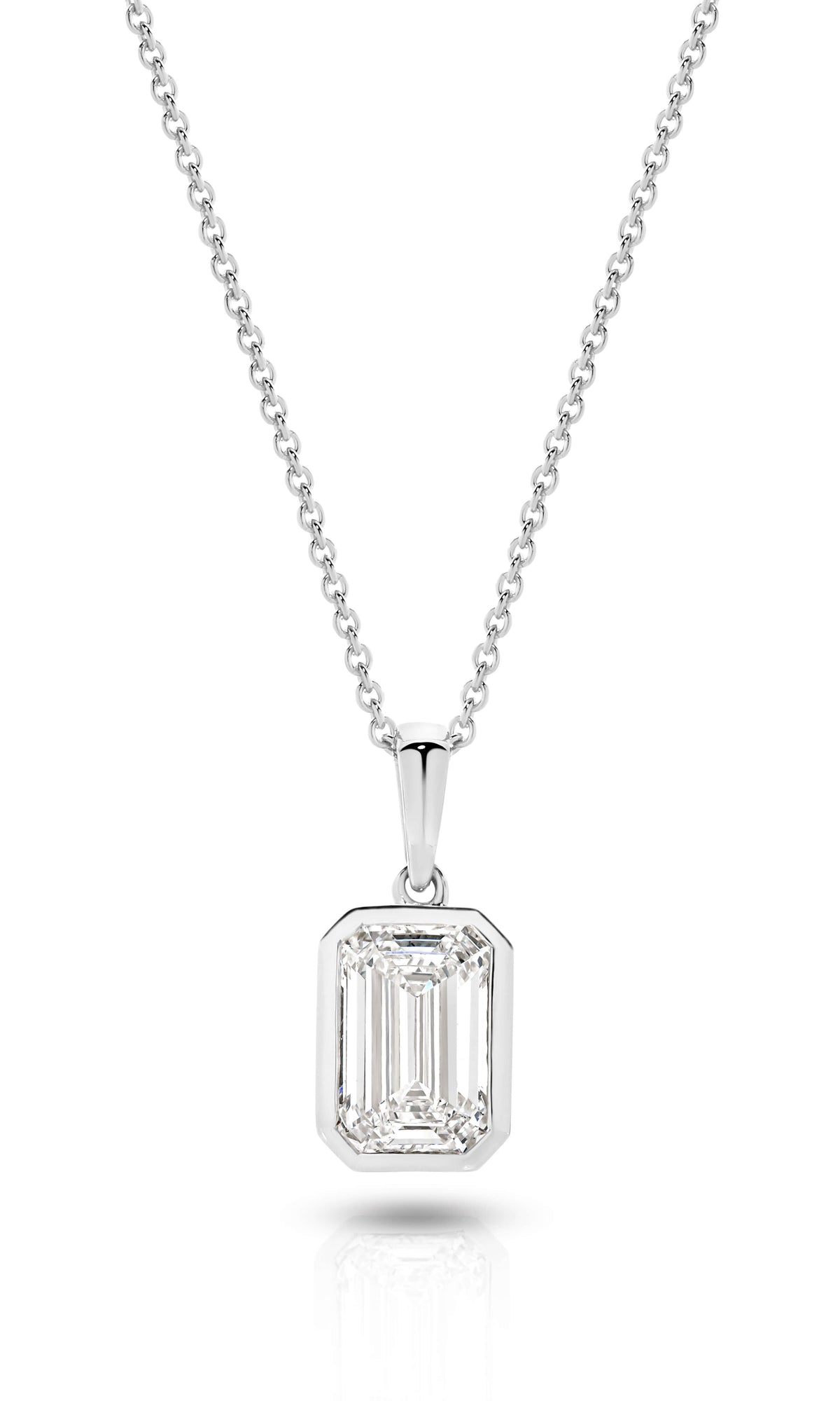 1ct Emerald Lab Diamond Bezel Pendant in 9ct white gold on a delicate chain.