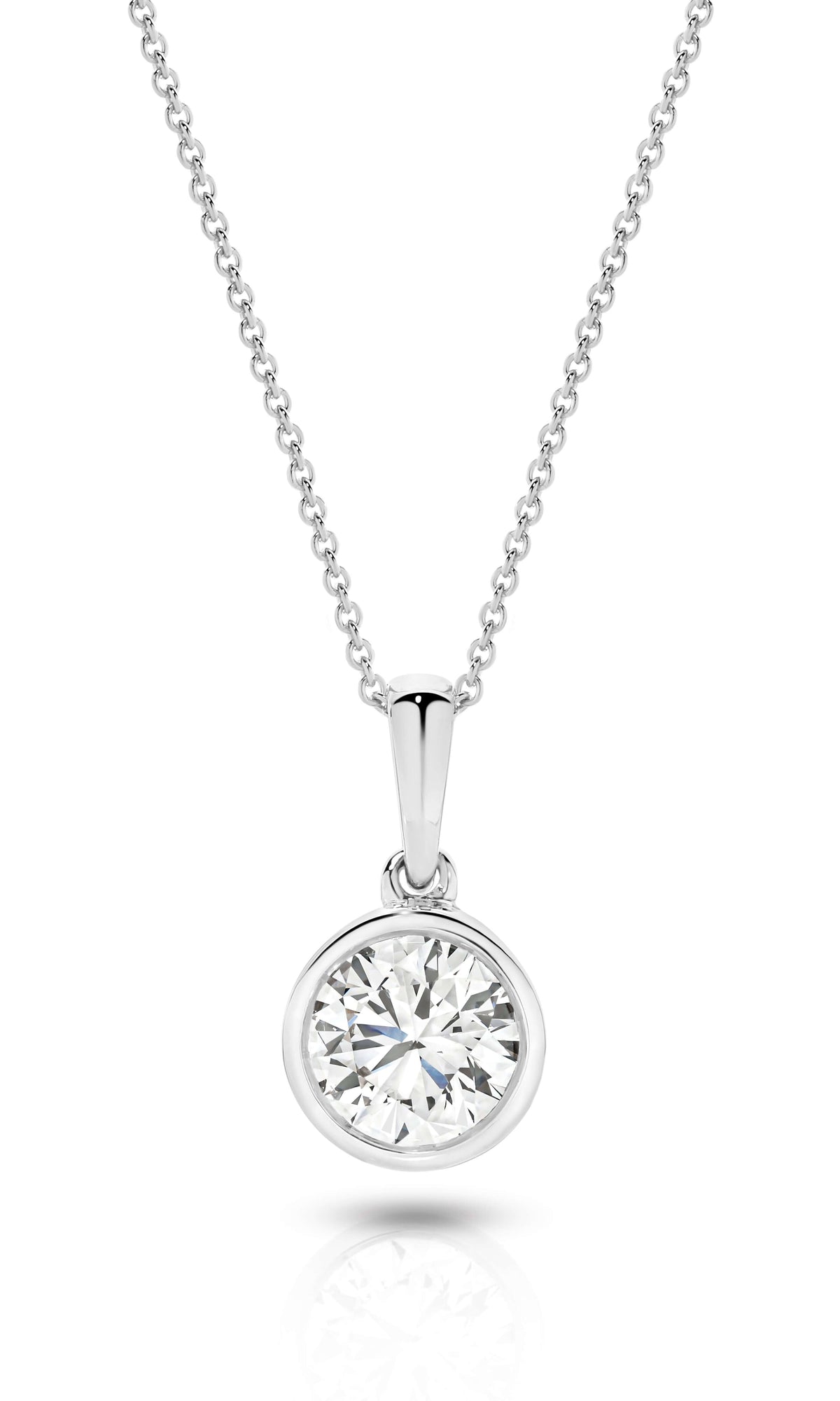 1ct Round Lab Diamond Bezel Pendant in 9ct white gold with sparkling diamond detail.
