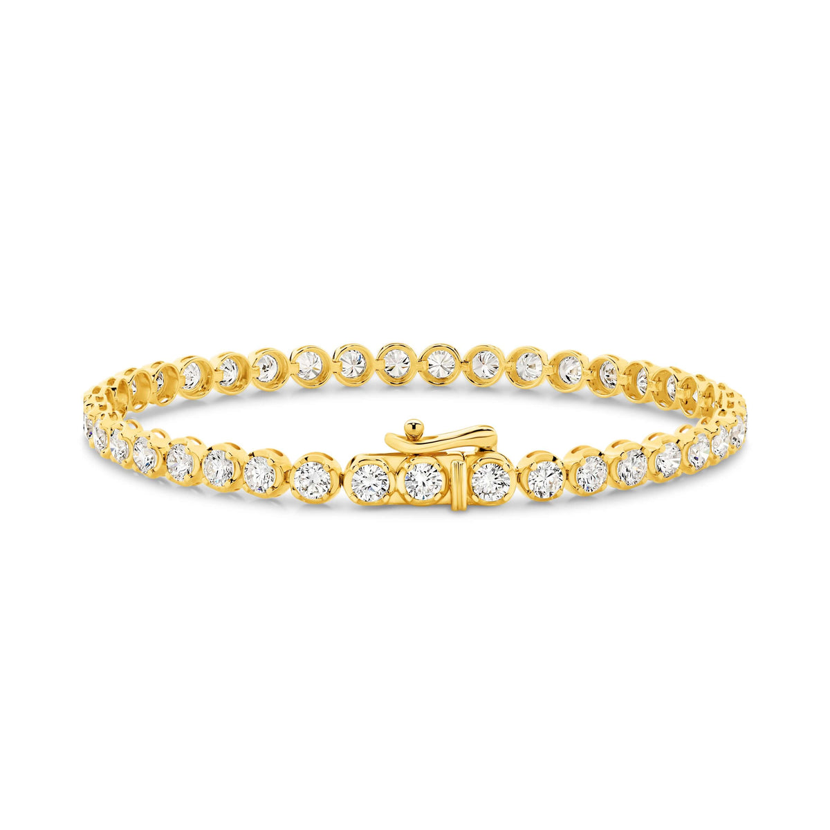 Elevated Round Tennis Bracelet 4.9ct Lab Diamond set in 9ct yellow gold with F/VS diamonds totaling 4.9ct.