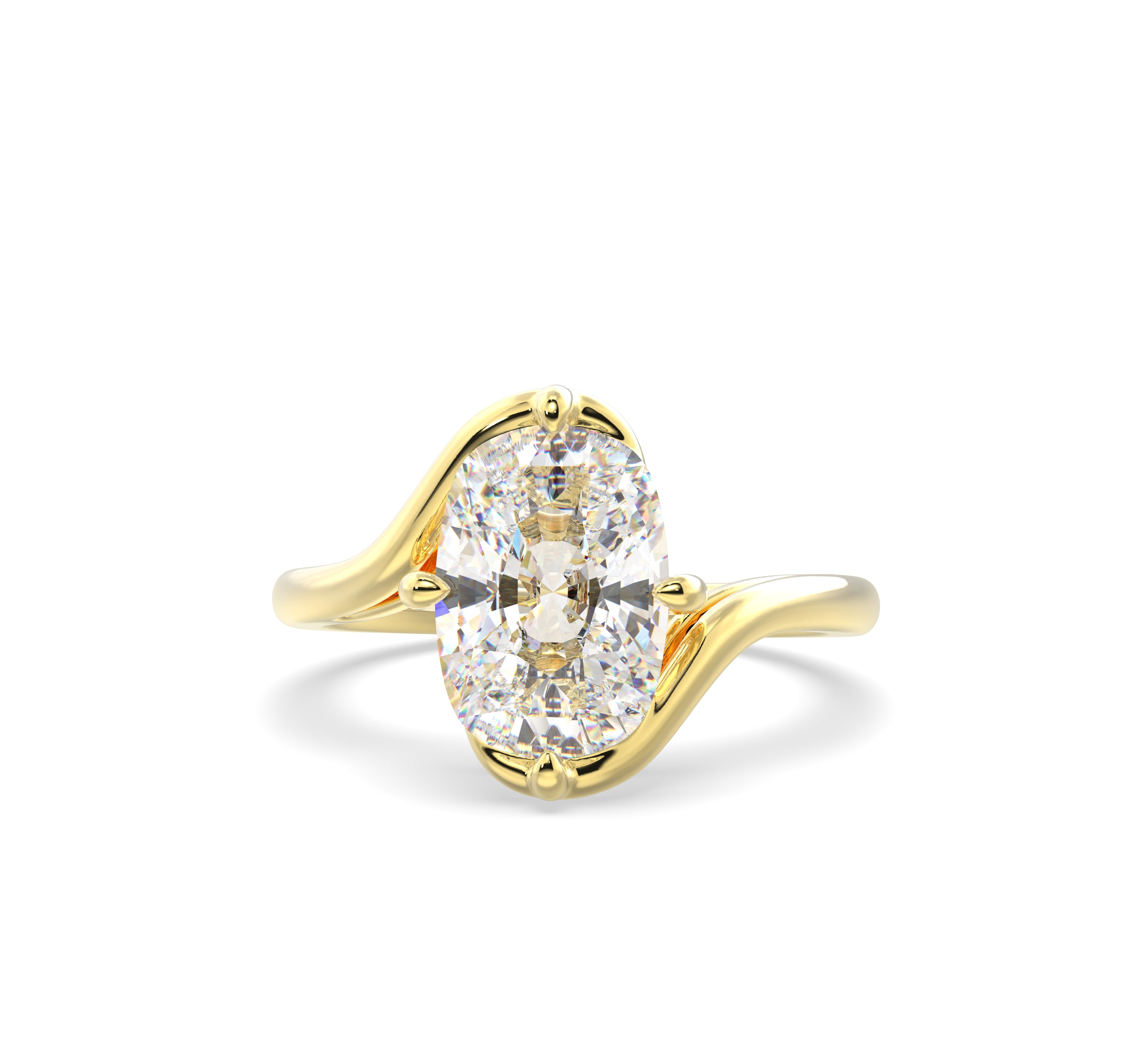 Gold ring with a large diamond on a white background