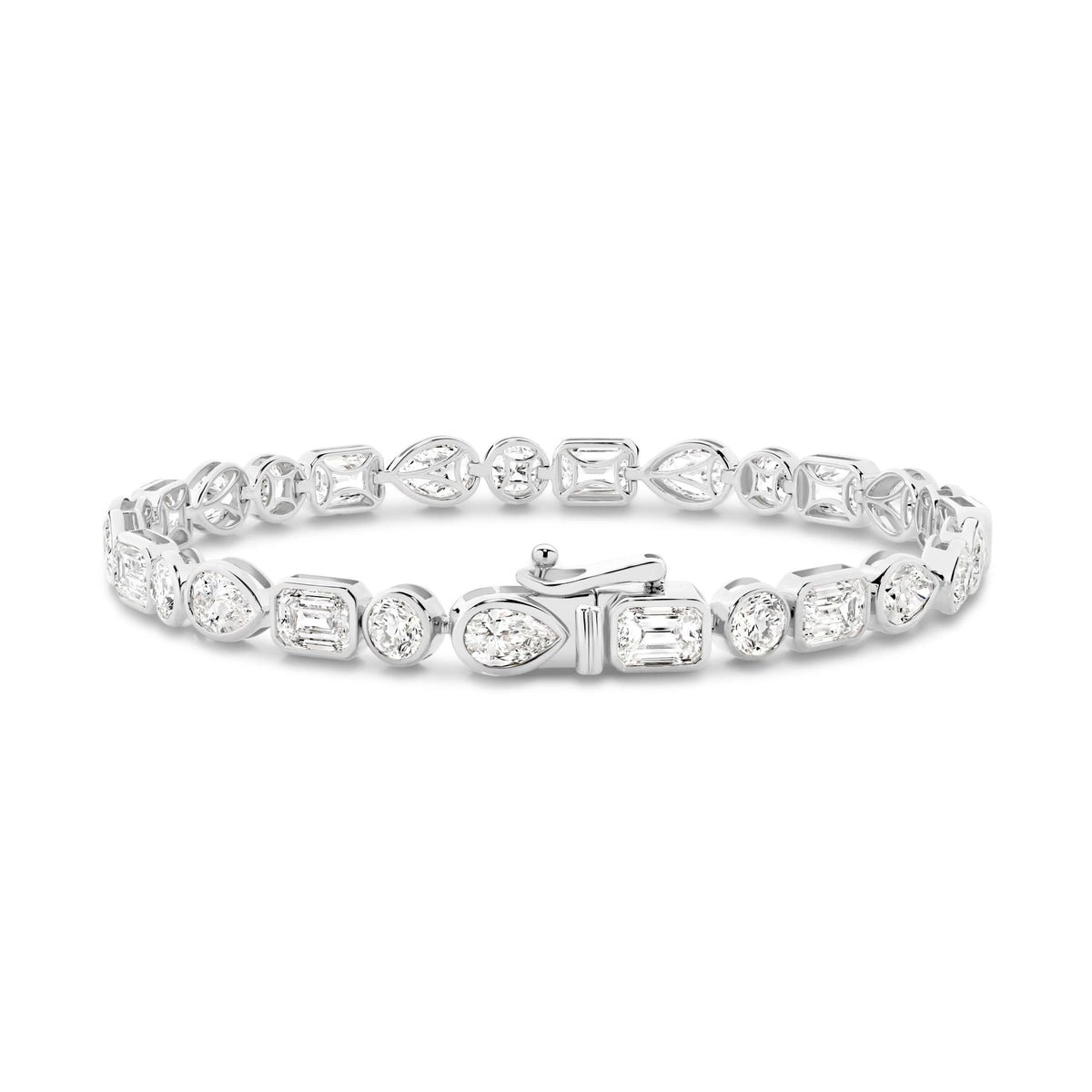 Mixed Shape Bezel Tennis Bracelet 10.3ct Lab Diamond set in 9ct white gold featuring F/VS diamonds.
