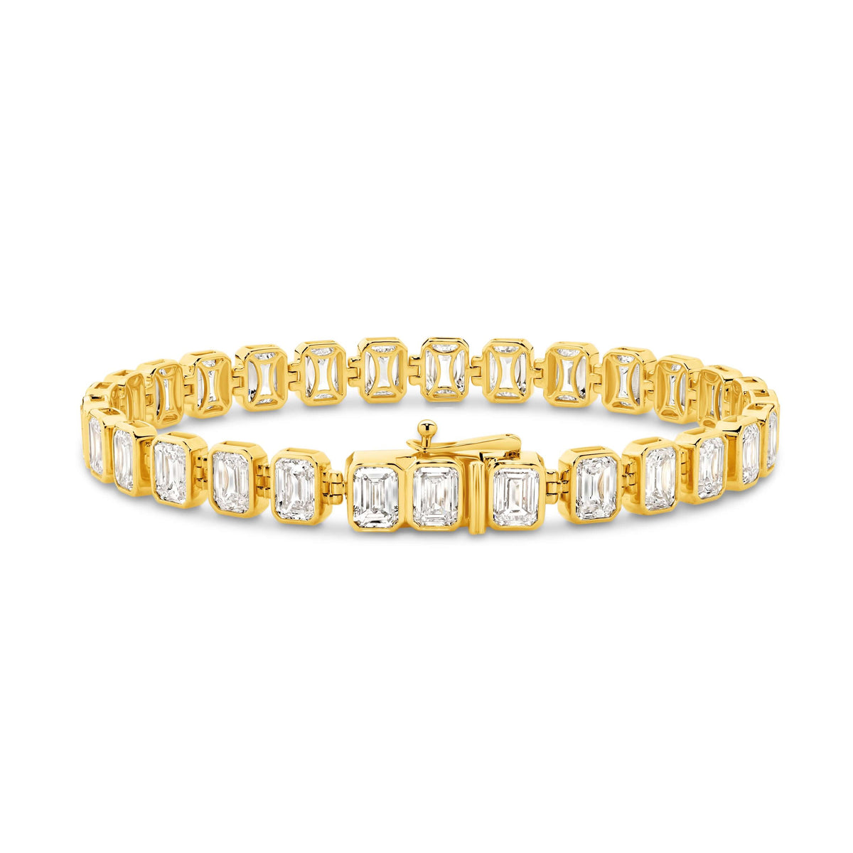 Emerald Bezel Tennis Bracelet 15ct Lab Diamond in 9ct yellow gold with sparkling lab diamonds.