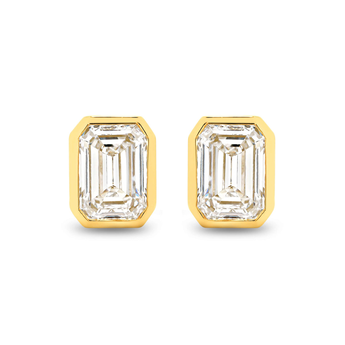 Emerald Bezel Stud Earrings Lab Diamond set in yellow gold with lab diamonds showcasing exquisite sparkle.
