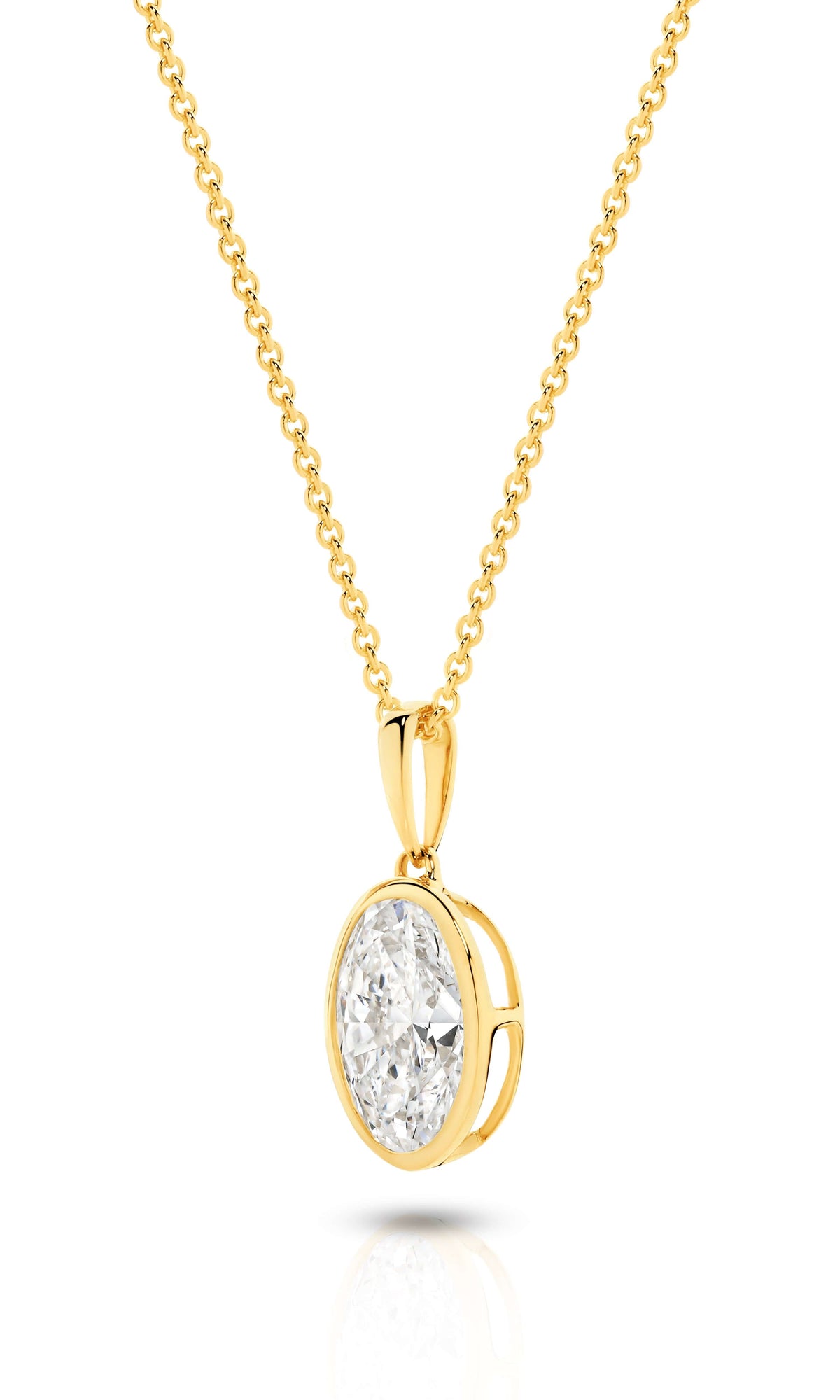 1ct Oval Lab Diamond Bezel Pendant in yellow gold, featuring an F/VS diamond totalling 1ct, chain sold separately.