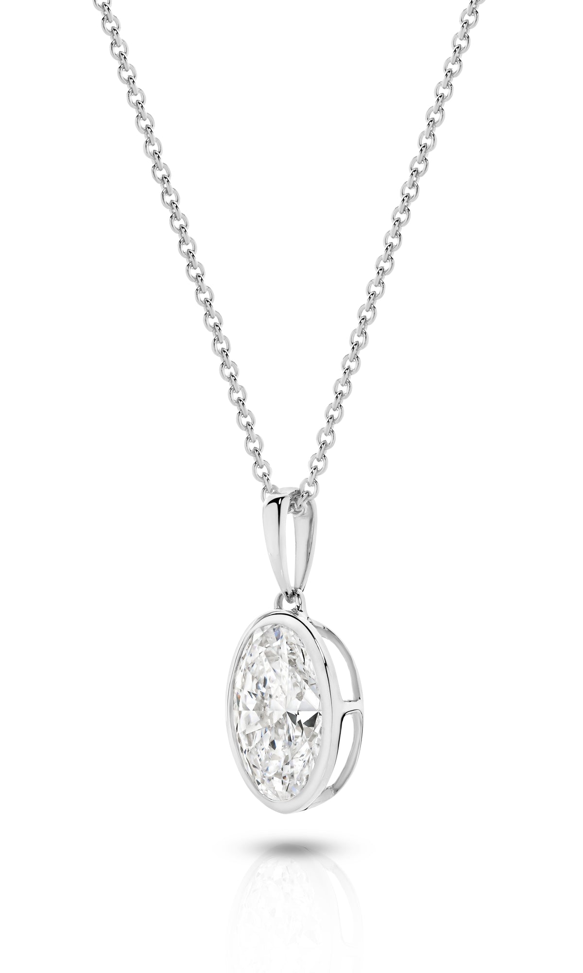 1ct Oval Lab Diamond Bezel Pendant in white gold with an F/VS diamond