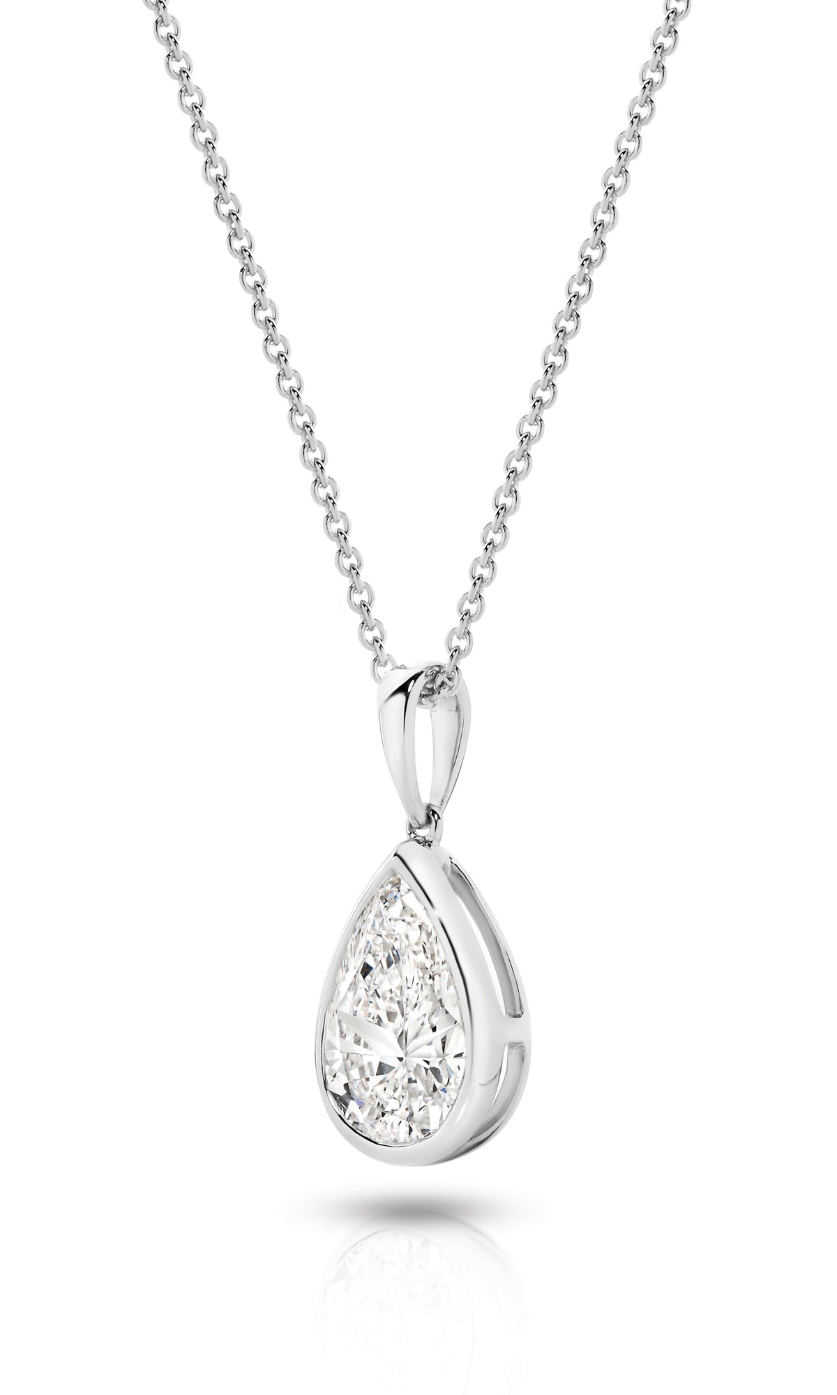 1ct Pear Lab Diamond Bezel Pendant in 9ct white gold with a sparkling pear diamond design.
