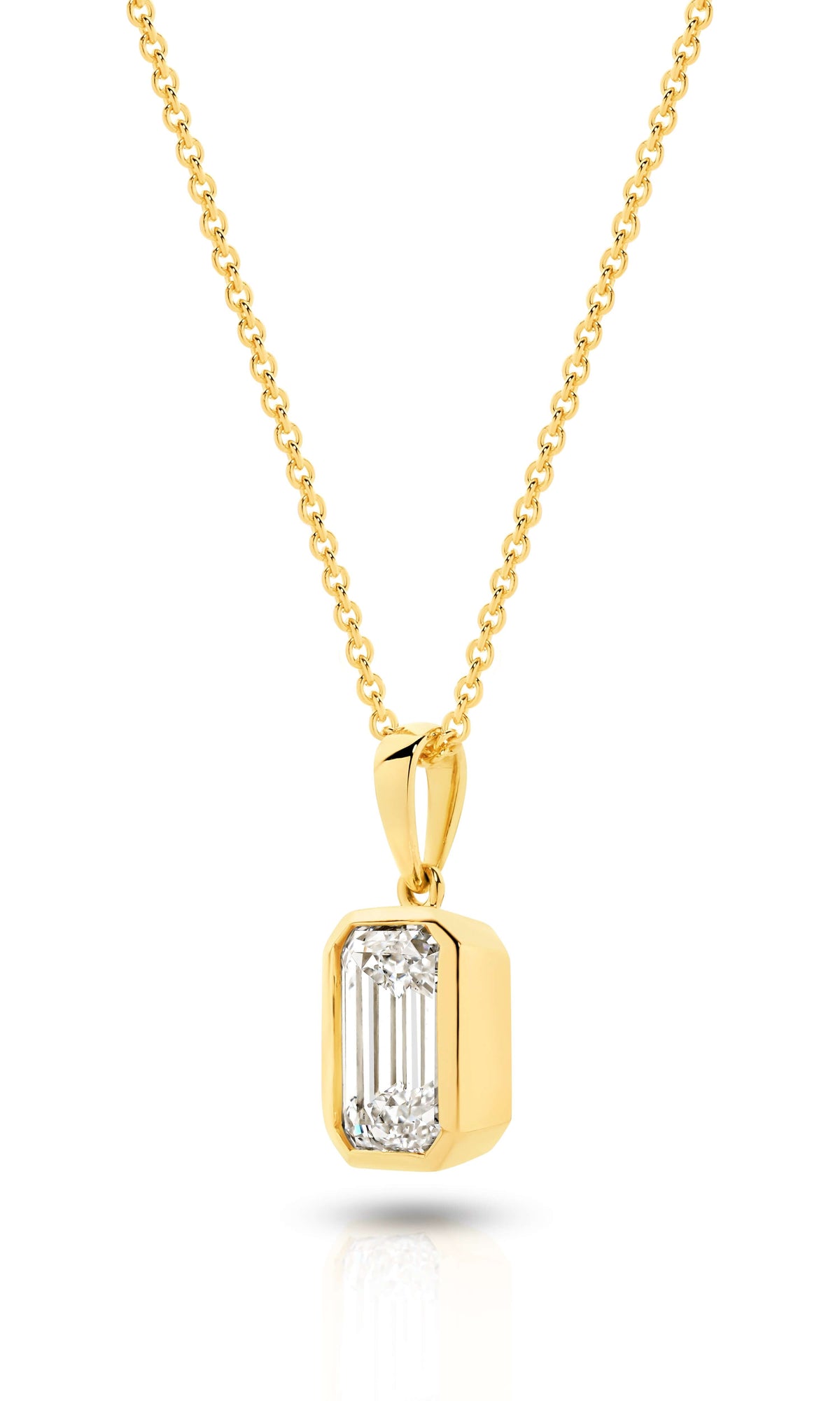1ct Emerald Lab Diamond Bezel Pendant in 9ct yellow gold, featuring F/VS diamonds.