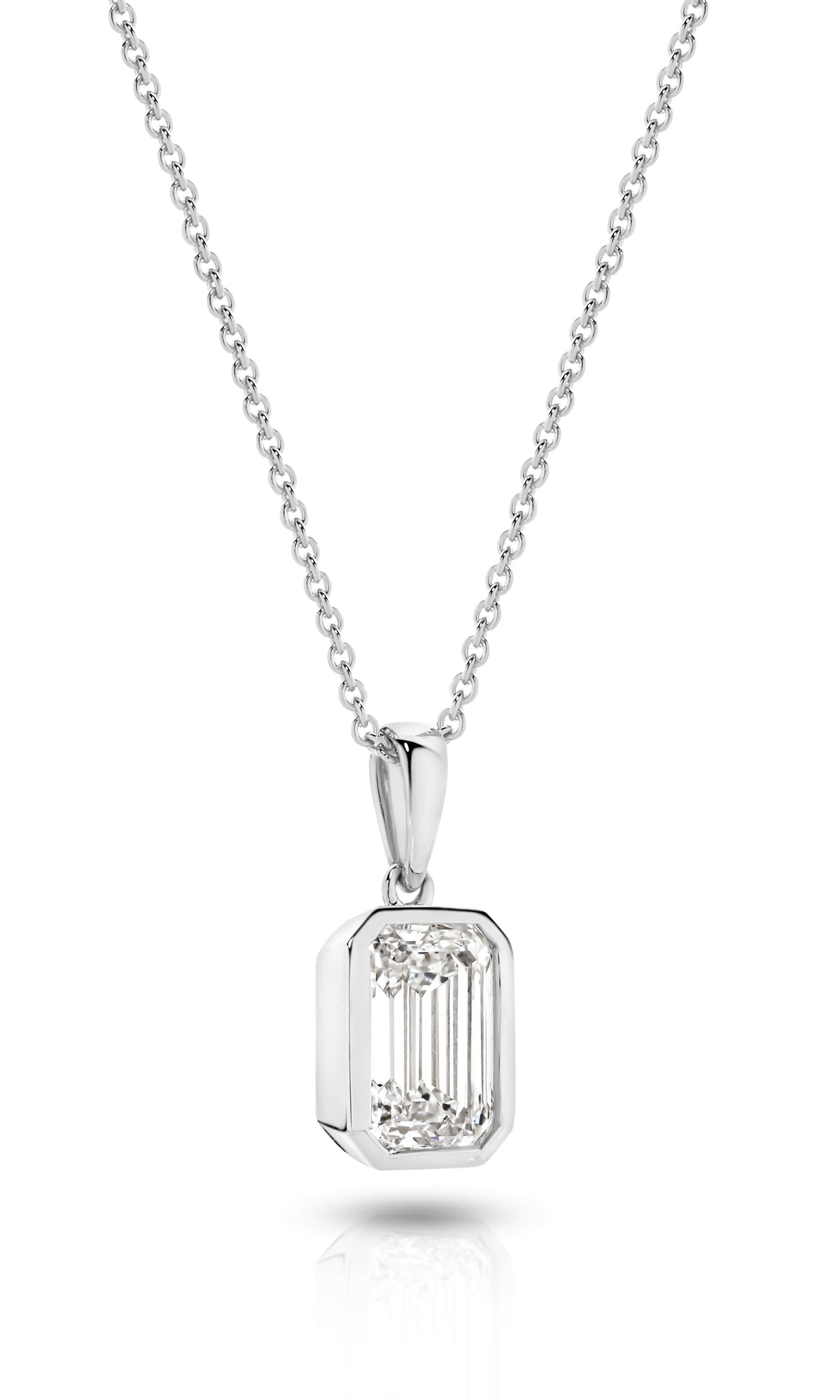 1ct Emerald Lab Diamond Bezel Pendant set in 9ct white gold, showcasing an elegant design and stunning sparkle.