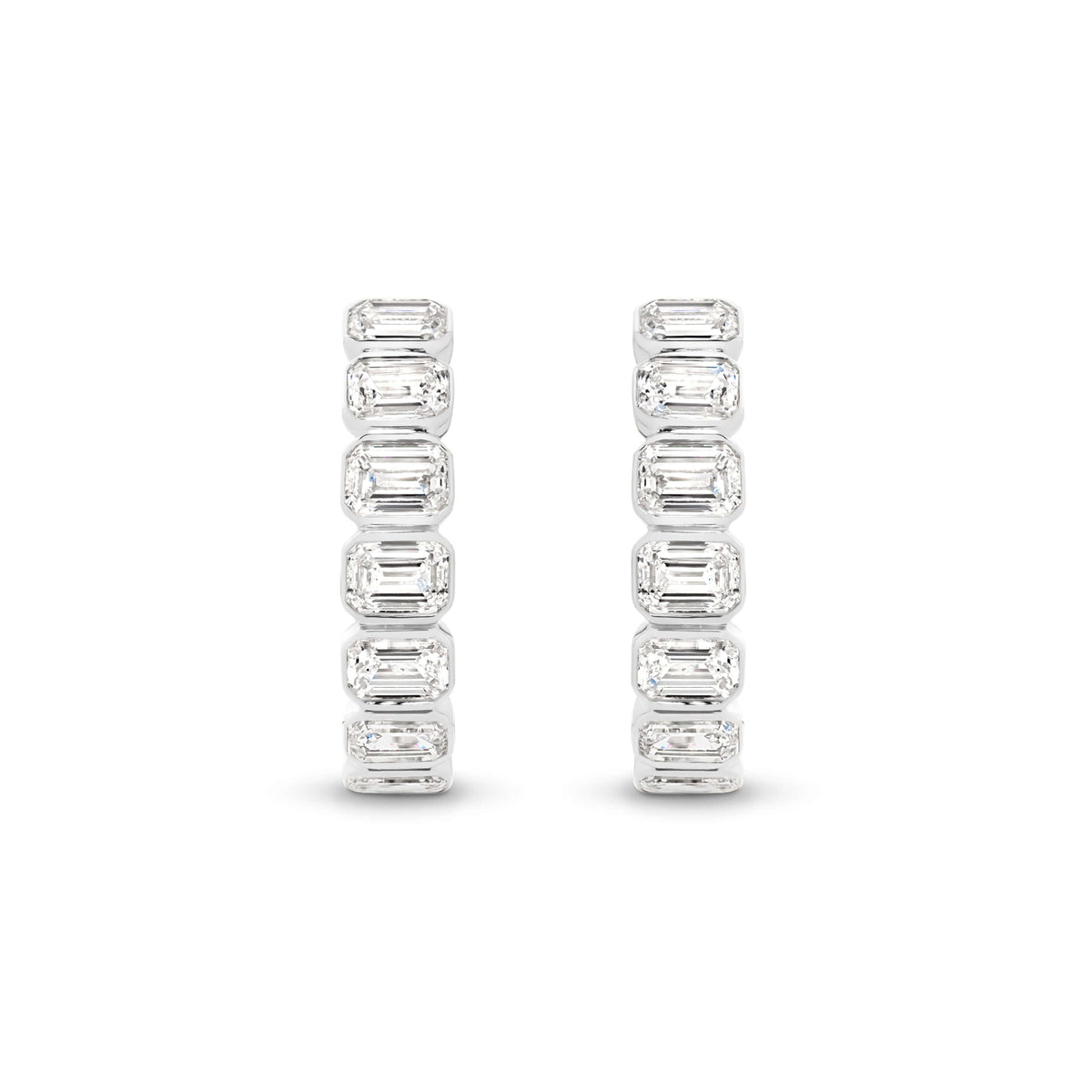 Emerald Bezel Hoop Earrings Lab Diamond in 9ct white gold with brilliant F/VS lab diamonds, showcasing elegance.