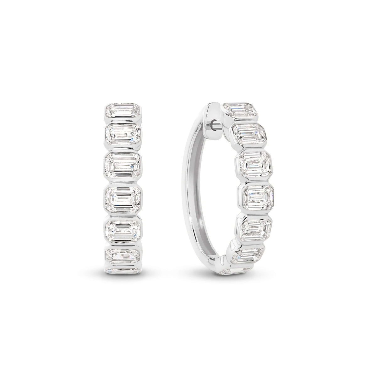 Emerald Bezel Hoop Earrings Lab Diamond set in 9ct white gold with stunning F/VS lab diamonds.