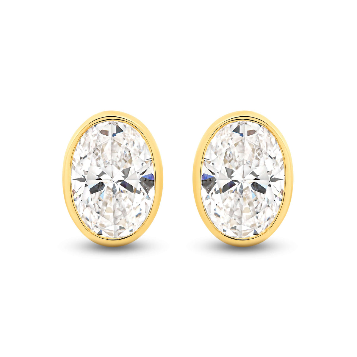 Oval Bezel Stud Earrings Lab Diamond set in 9ct yellow gold with F/VS lab diamonds totaling 2.8ct.