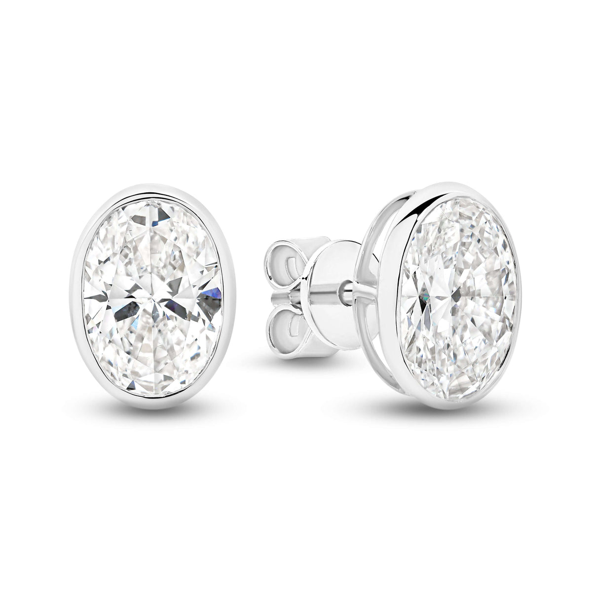 Oval Bezel Stud Earrings Lab Diamond showcasing 2.8ct F/VS lab diamonds in 9ct white gold.
