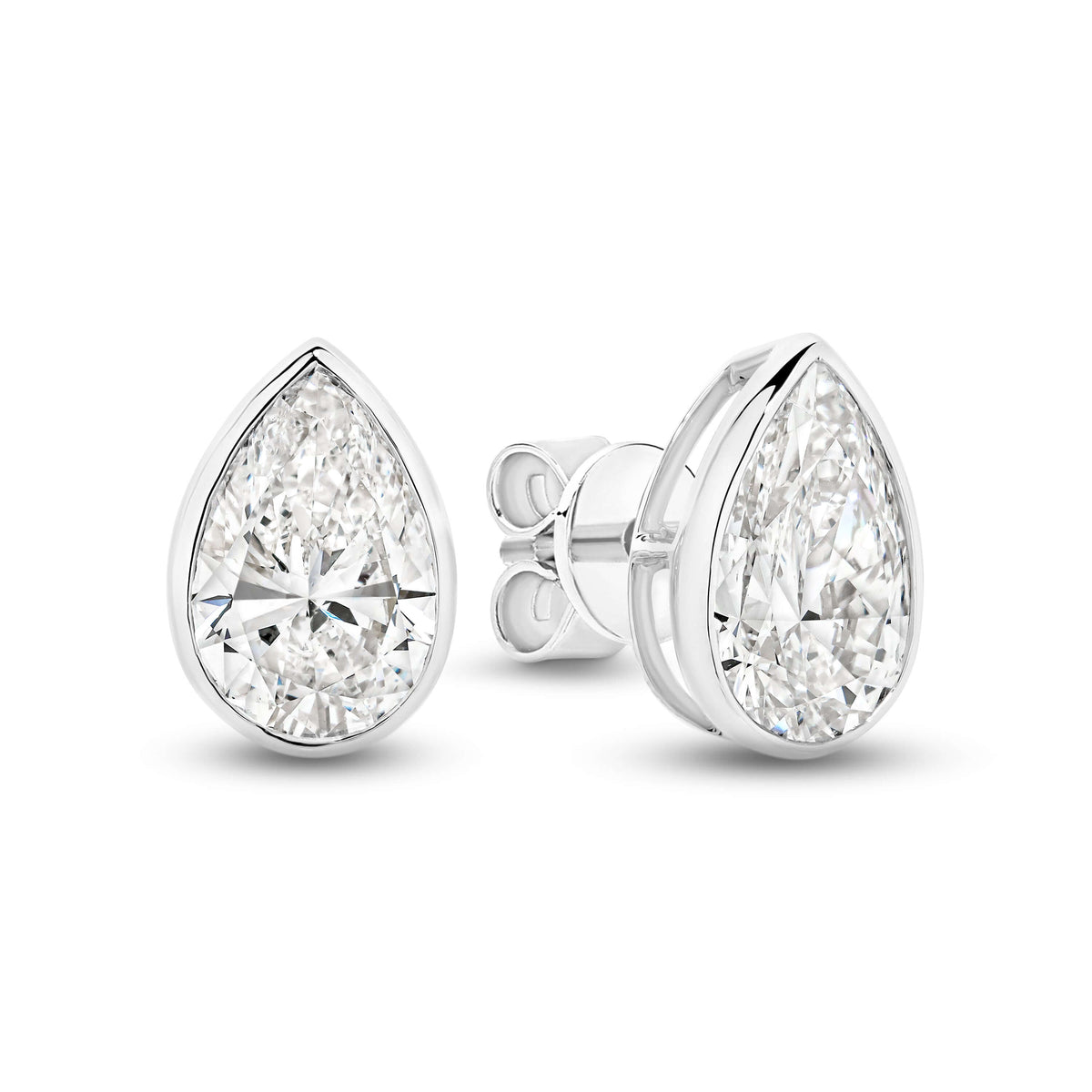 Pear Bezel Stud Earrings Lab Diamond featuring 2.9ct F/VS lab diamonds set in 9ct white gold.