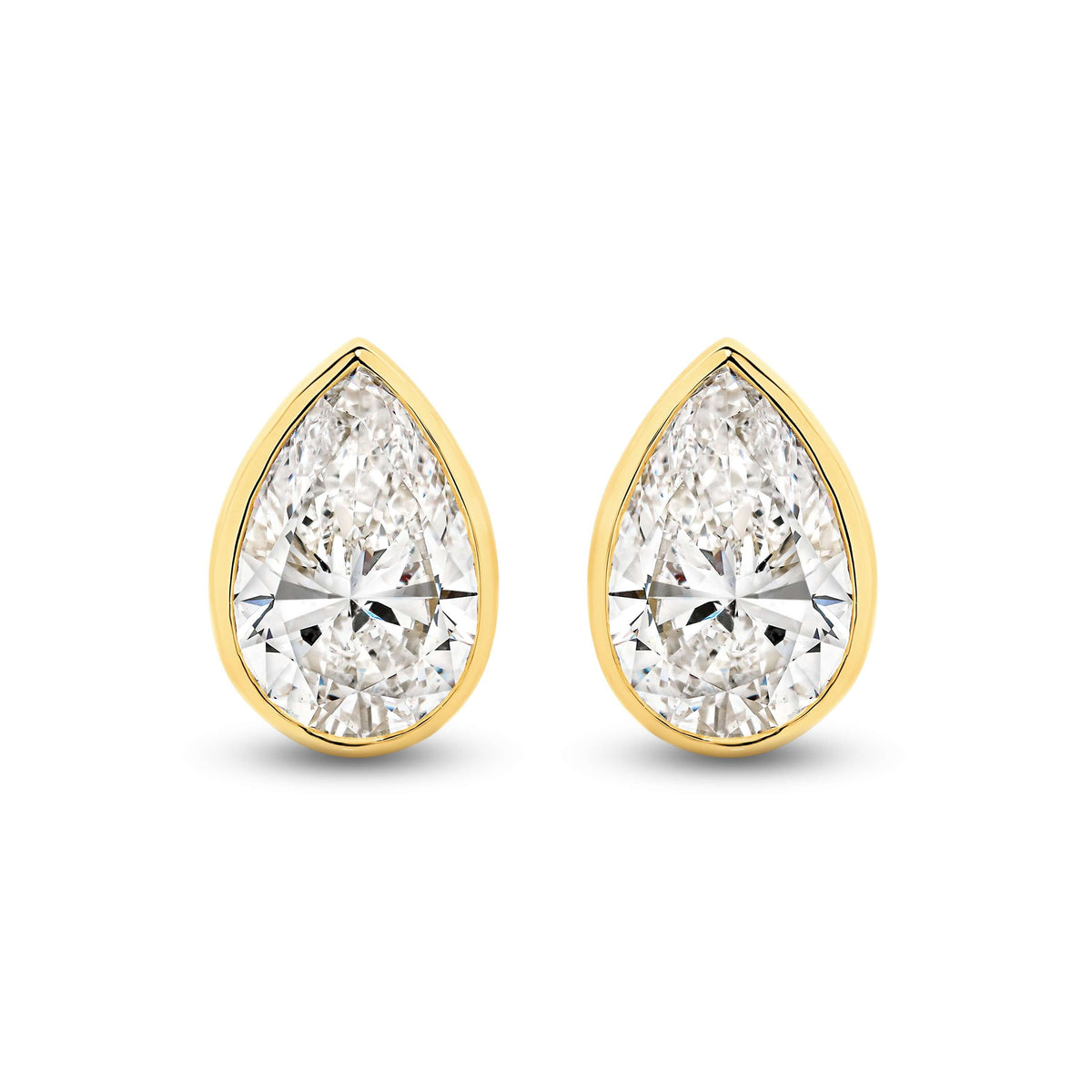 Pear Bezel Stud Earrings Lab Diamond in 9ct yellow gold featuring F/VS lab diamonds totaling 2.9ct.