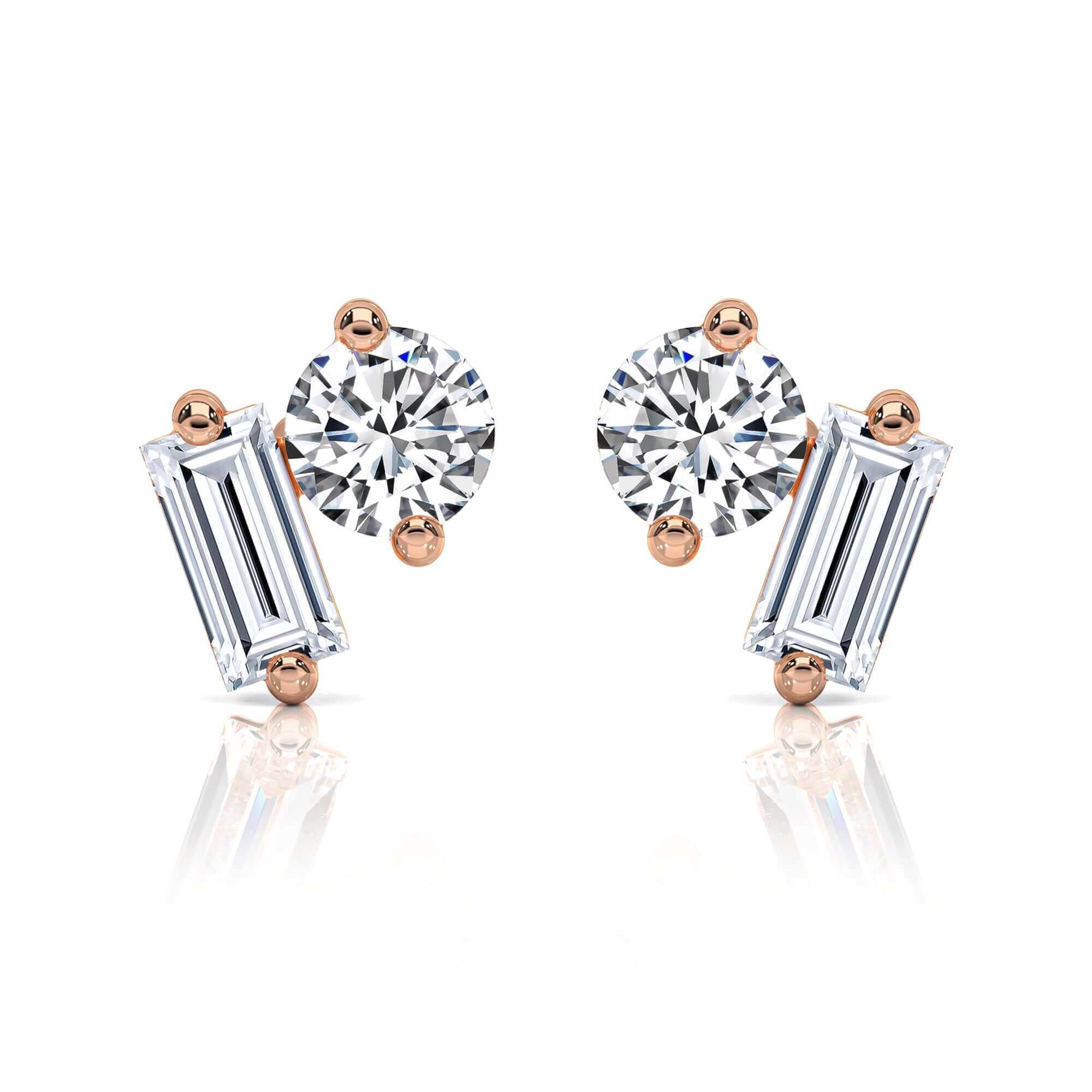 Round Brilliant & Baguette Diamond Studs Earrings