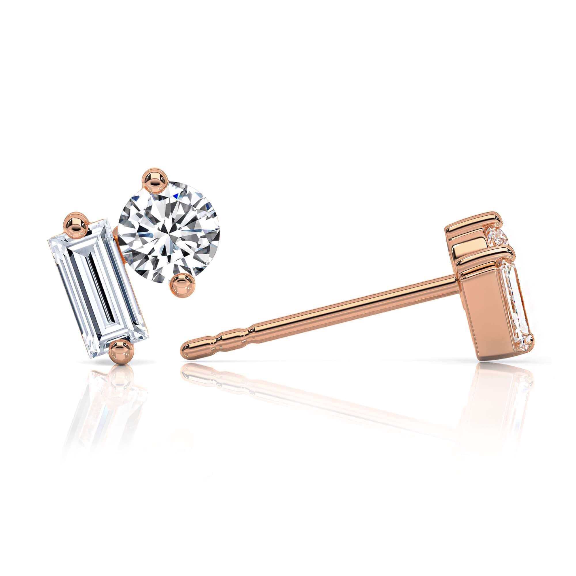 Round Brilliant & Baguette Diamond Studs Earrings