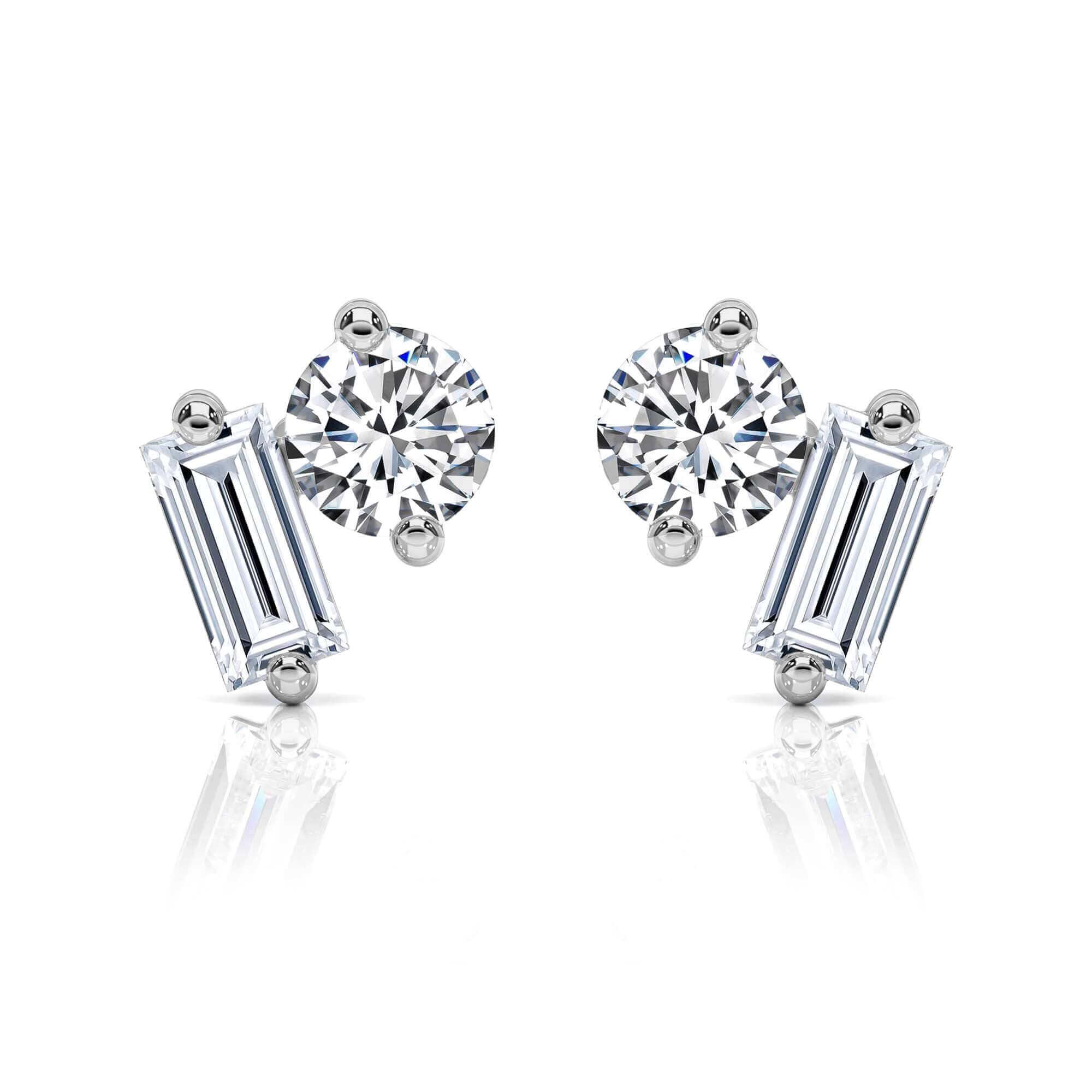 Round Brilliant & Baguette Diamond Studs Earrings