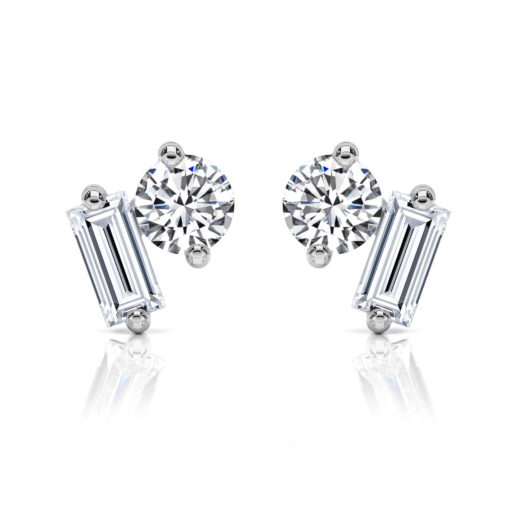 Round Brilliant & Baguette Diamond Studs Earrings